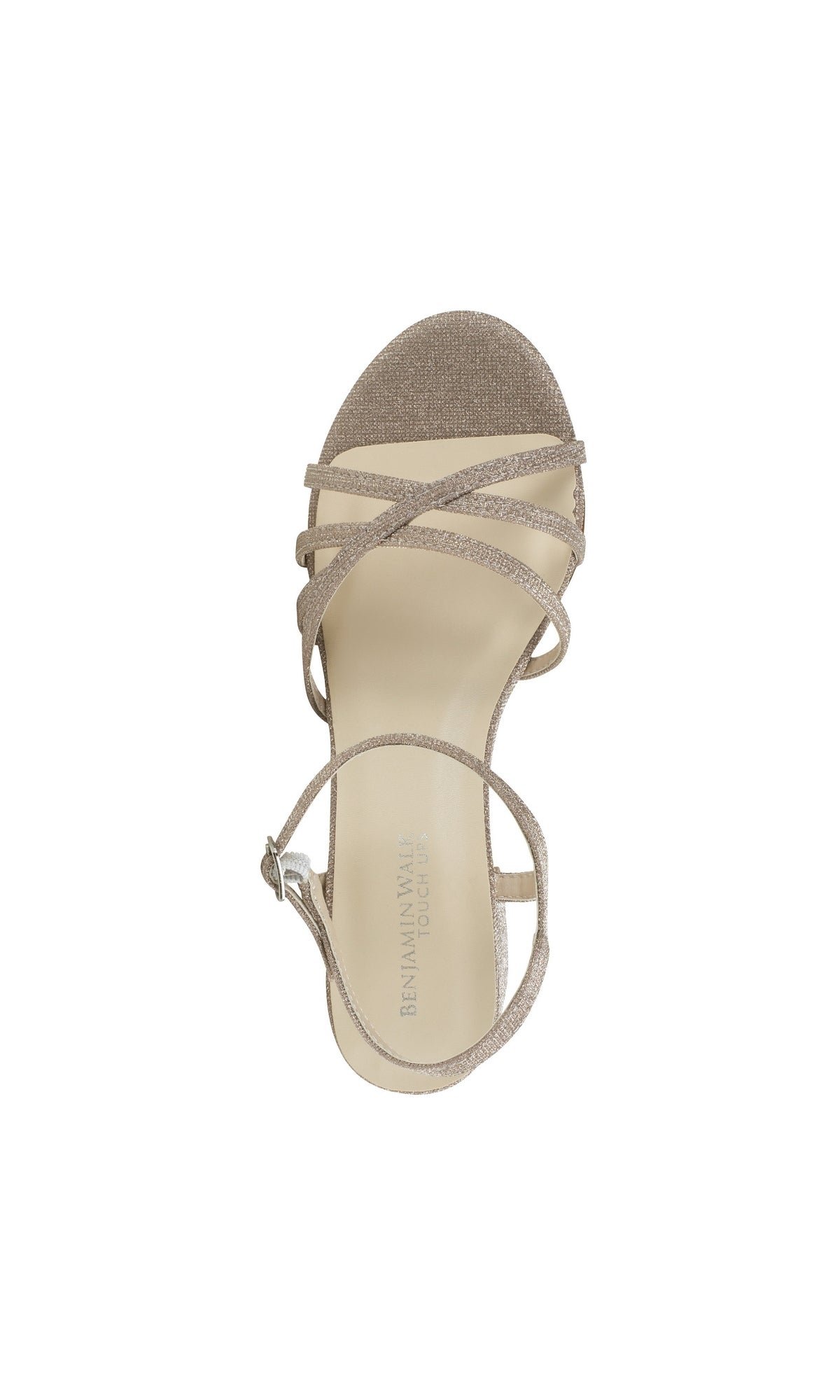 Top view of the Delilah Champagne Low Heel Strappy Prom Shoes 4594, featuring a closed heel and ankle buckle strap—ideal open toe prom shoes—shown on a white background.