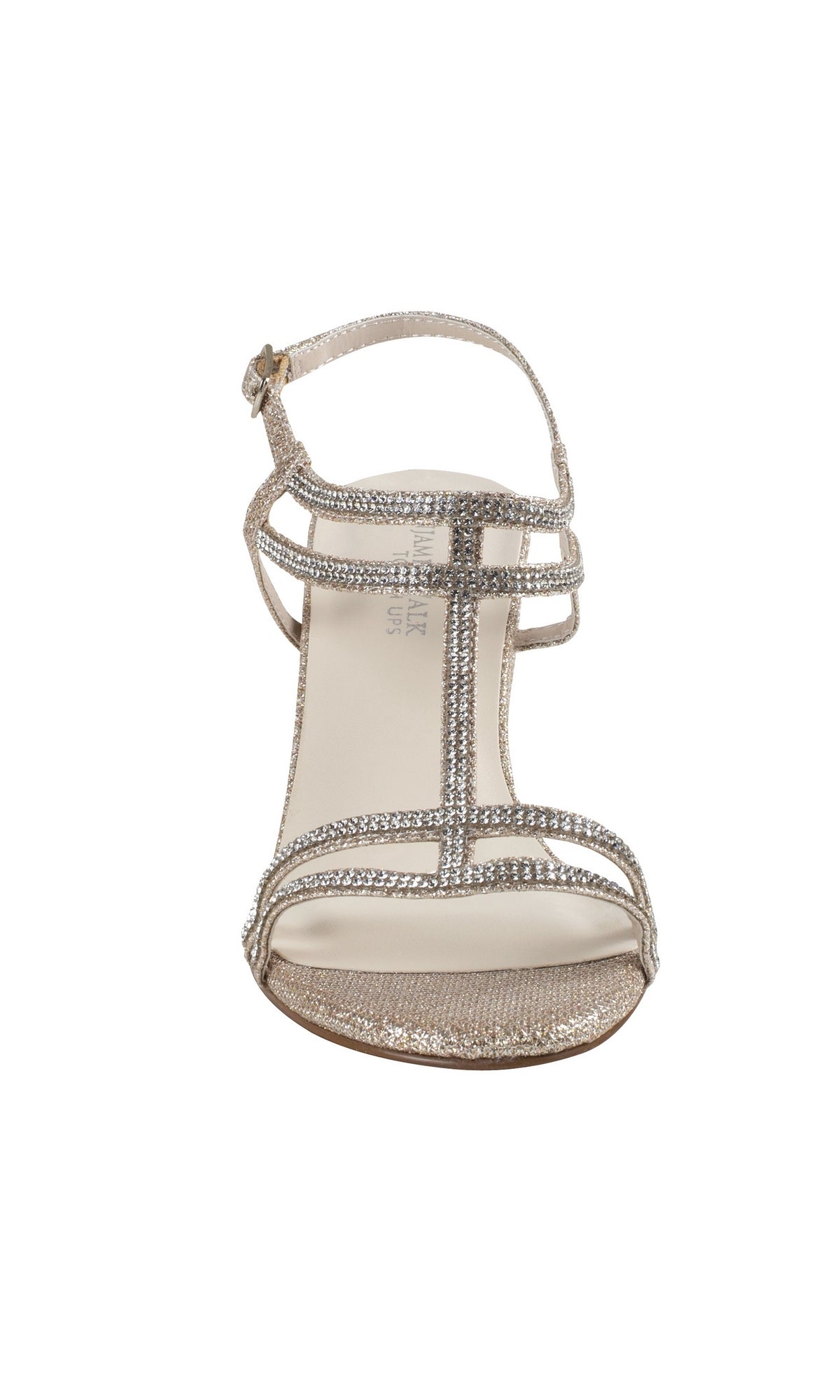 Front view of the Sam Champagne Black Heel Prom Shoes 4598: women's open-toe sandal with metallic straps, ankle strap, and champagne block heel—ideal chic rhinestone prom shoes or versatile strappy heels for special occasions.