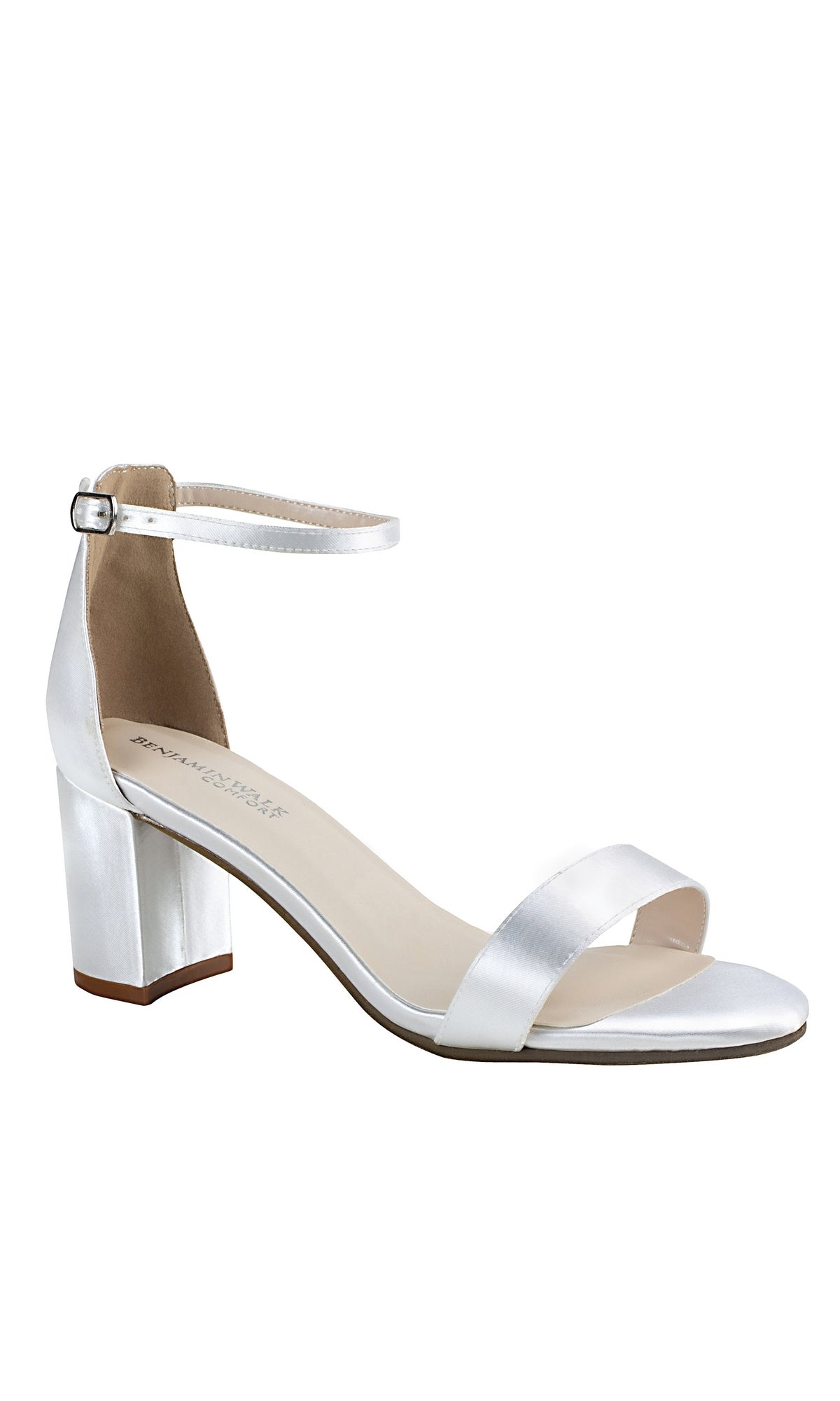 The January White Low Heel Prom Shoes 4599 is a single block-heeled sandal with an ankle strap and open toe, ideal as block heel prom shoes, shown on a plain white background.