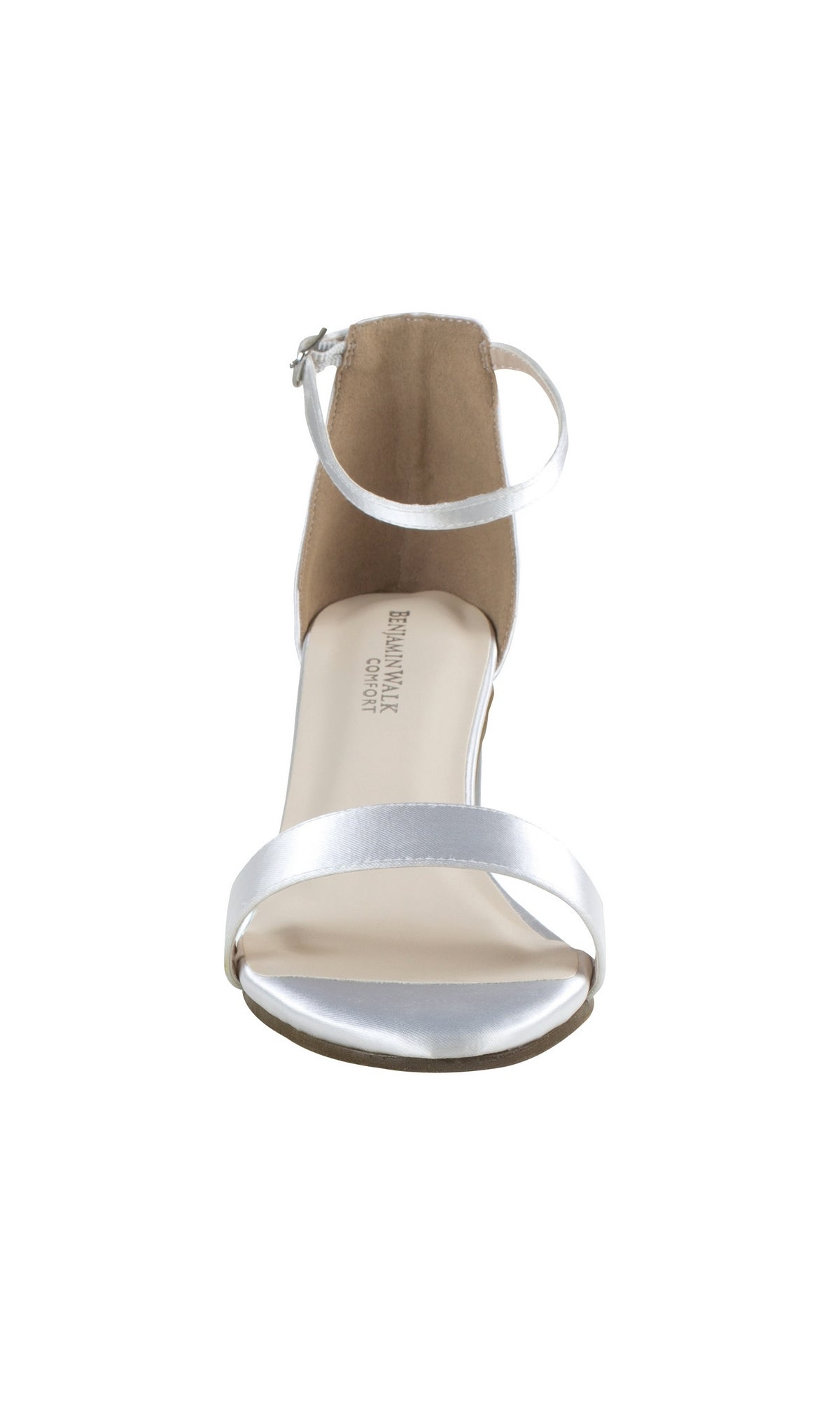 A front view of the January White Low Heel Prom Shoes 4599, a single open-toe ankle-strap sandal with a low block heel, ideal for prom, displayed on a plain white background.