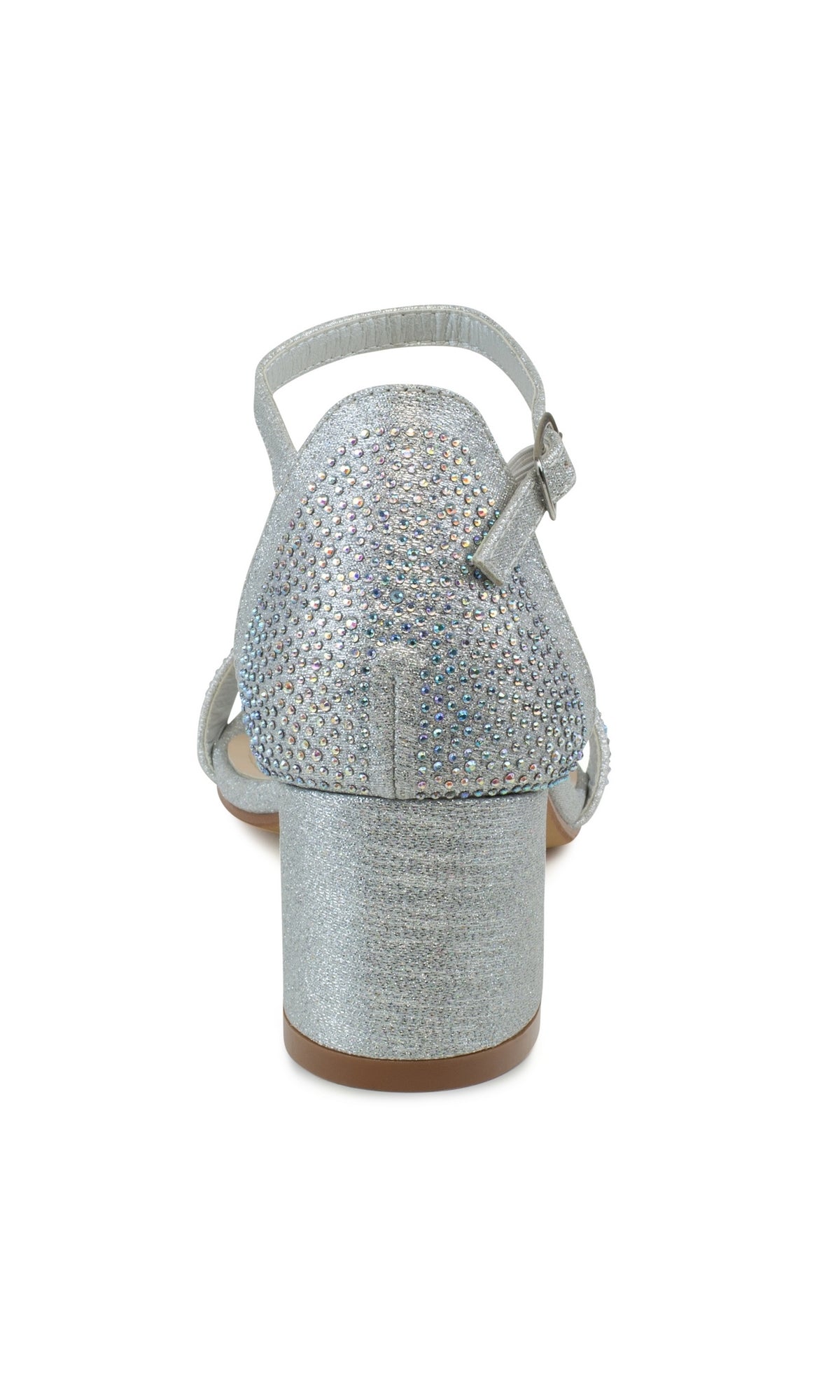 Back view of the Astra Silver Low Block-Heel Prom Shoes 4601, featuring glittery rhinestone straps, a buckle ankle strap, and a stylish low block heel.