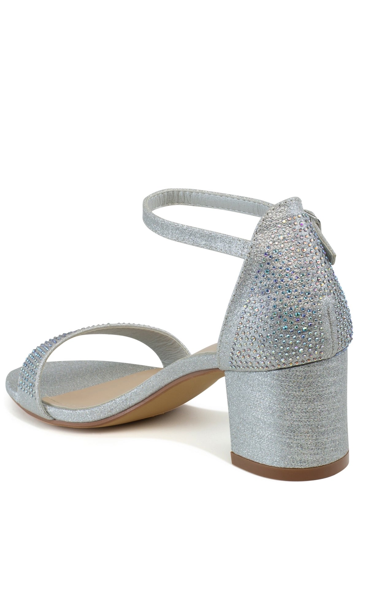 The Astra Silver Low Block-Heel Prom Shoes 4601 feature open toes, rhinestone and ankle straps, a glitter-detailed low block heel, and a sparkling finish—a perfect choice for adding glamour to your prom look.
