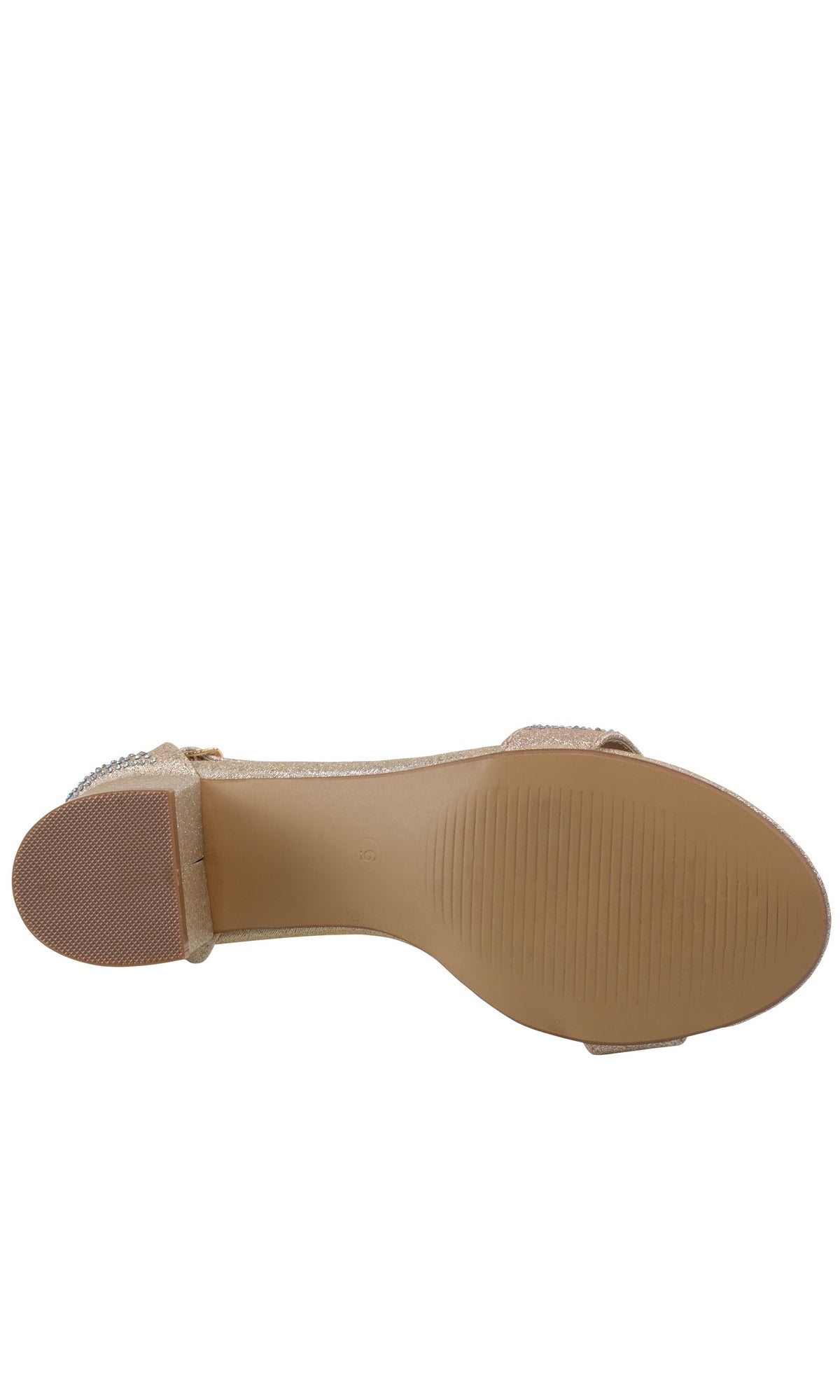 A close-up of the sole on Astra Champagne Low Block-Heel Prom Shoes 4602 shows a textured grip and heel, offering stability similar to that of classic beige flat sandals.