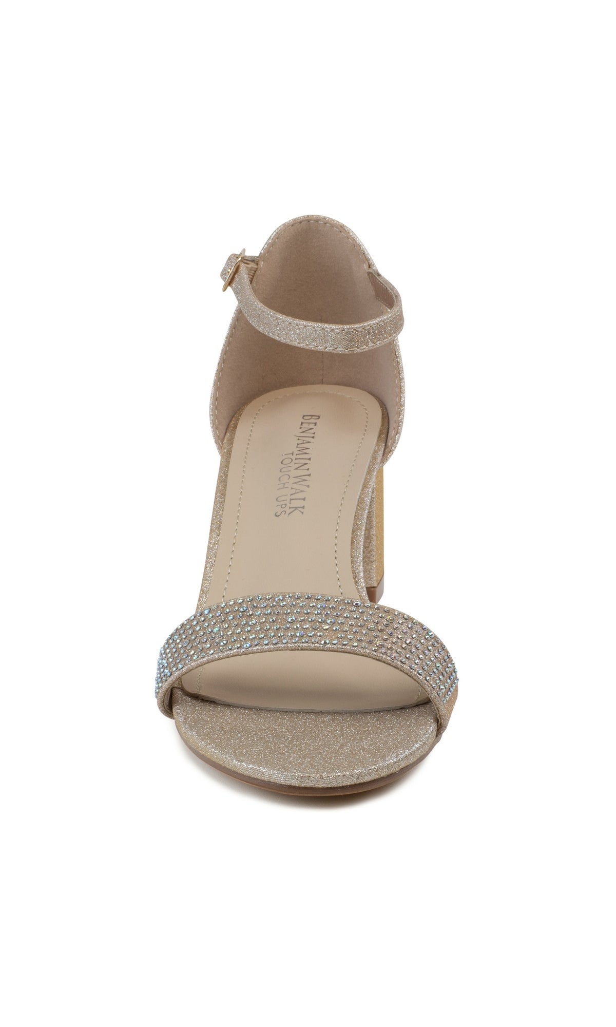 Front view of the Astra Champagne Low Block-Heel Prom Shoes 4602, a beige rhinestone-embellished sandal with ankle strap and block heel—perfect as a gold prom shoe—displayed on a white background.