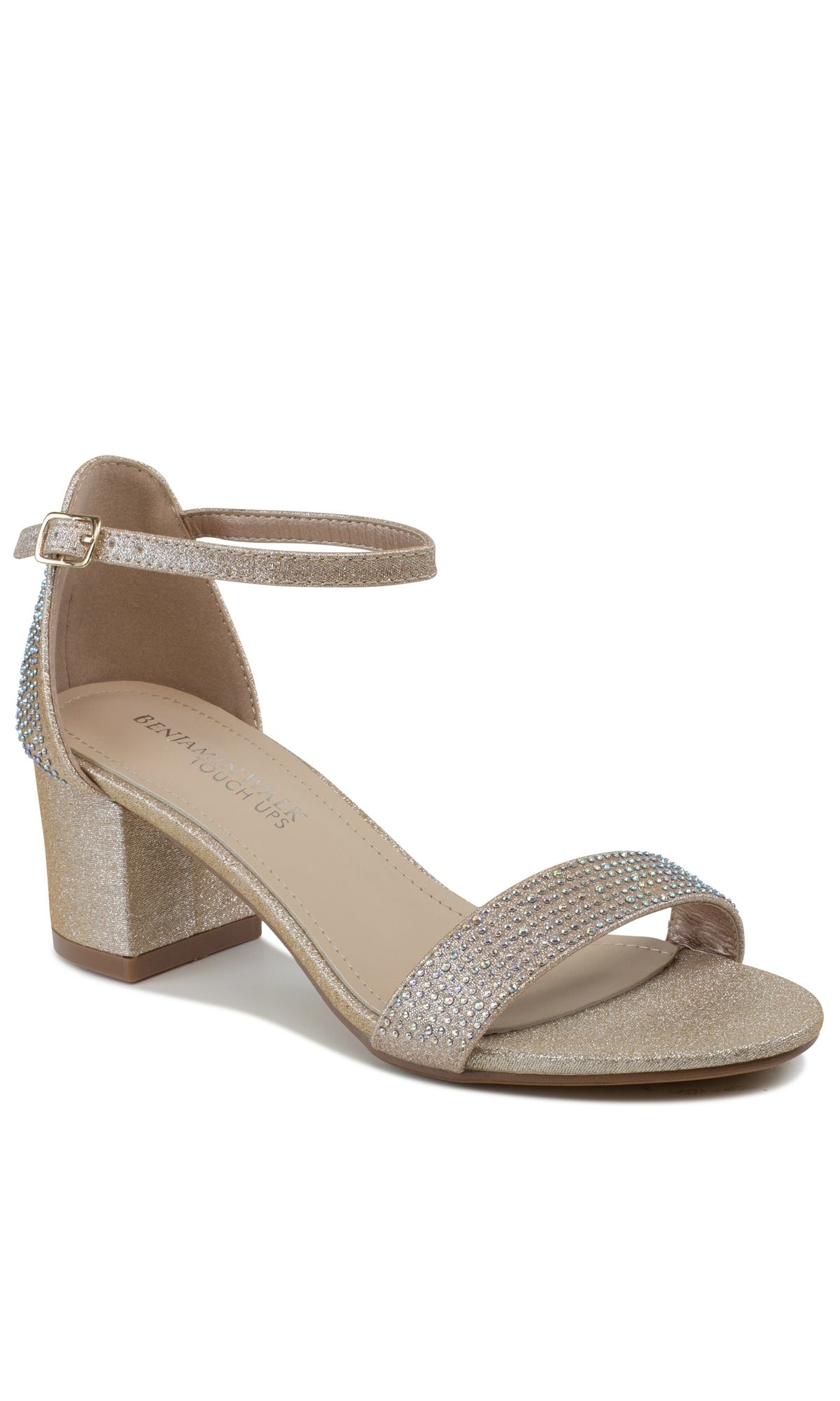 The Astra Champagne Low Block-Heel Prom Shoes 4602 feature a beige finish, ankle strap, and rhinestone-embellished toe and heel straps—perfect for adding chic sparkle to your prom look.