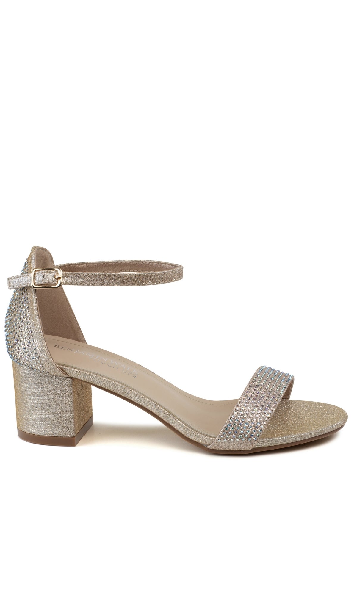The Astra Champagne Low Block-Heel Prom Shoe 4602 is shown in side profile on a white background, featuring an ankle strap and rhinestone embellished toe and heel.