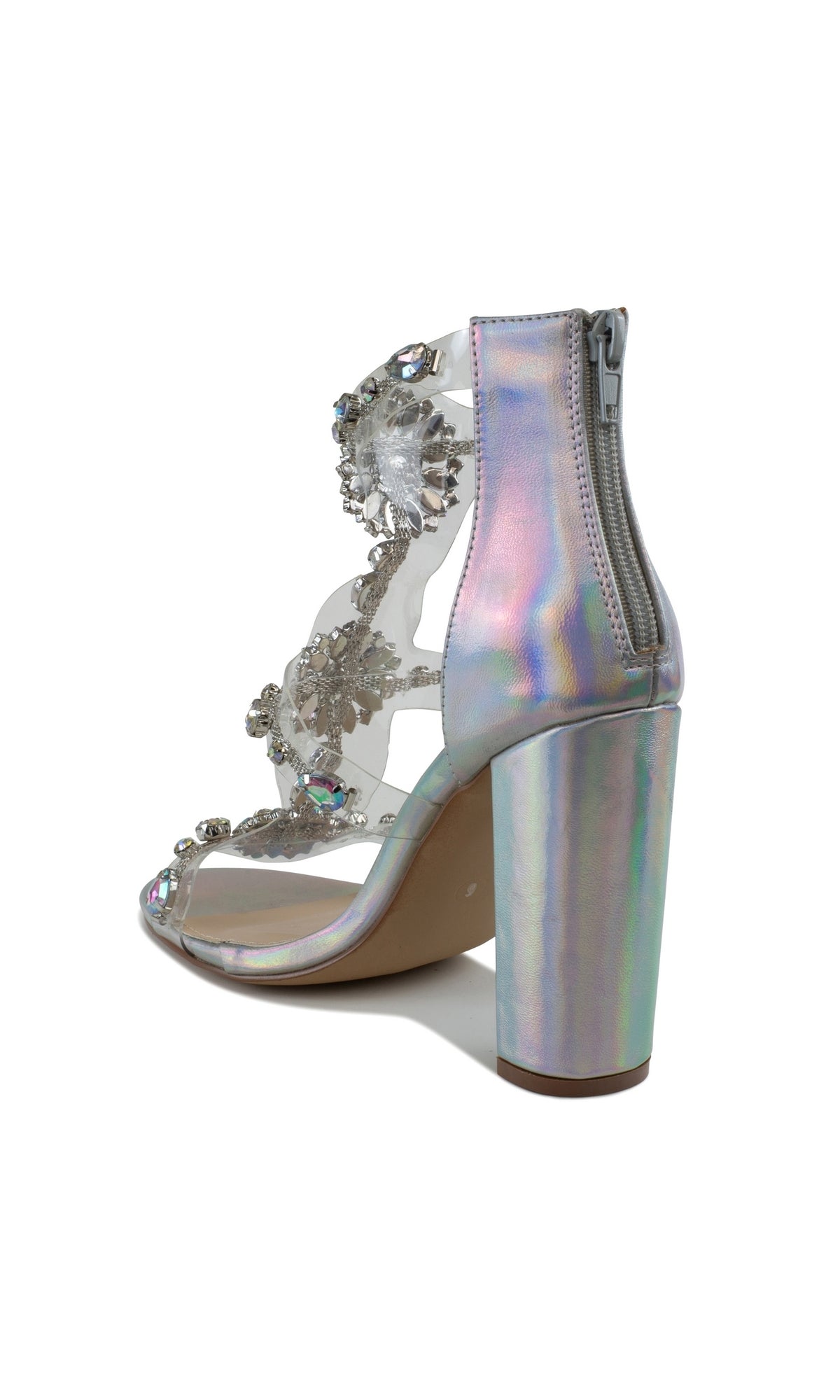 Ara High Heel Silver Prom Shoes 4603 feature an iridescent block heel, clear straps with floral and jeweled accents, and a back zipper—ideal rhinestone prom shoes for a glamorous night.