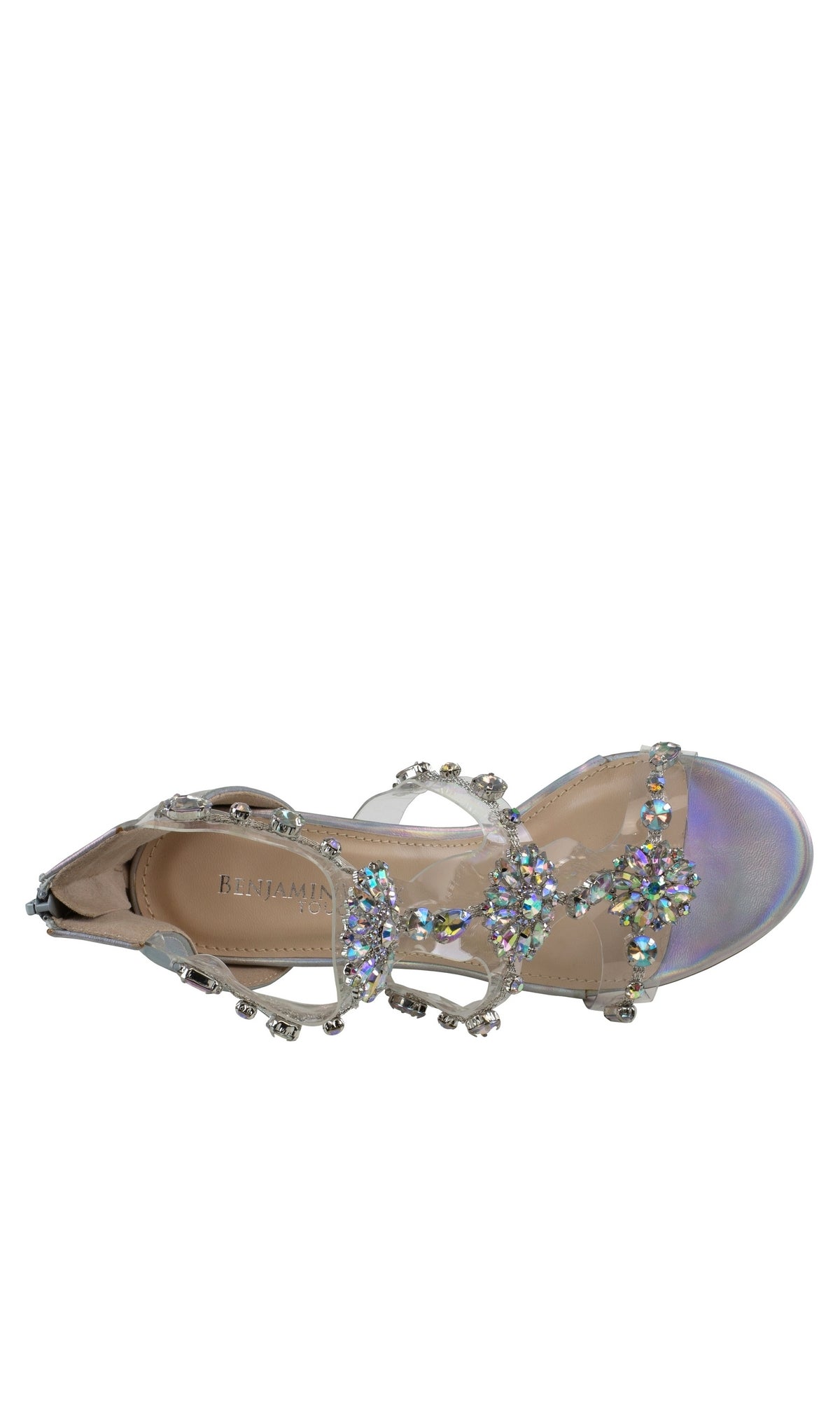 Top view of Ara High Heel Silver Prom Shoes 4603, a women's sandal featuring multiple straps adorned with large, iridescent rhinestones and a slightly pointed toe—perfect for those seeking glamorous prom shoes.