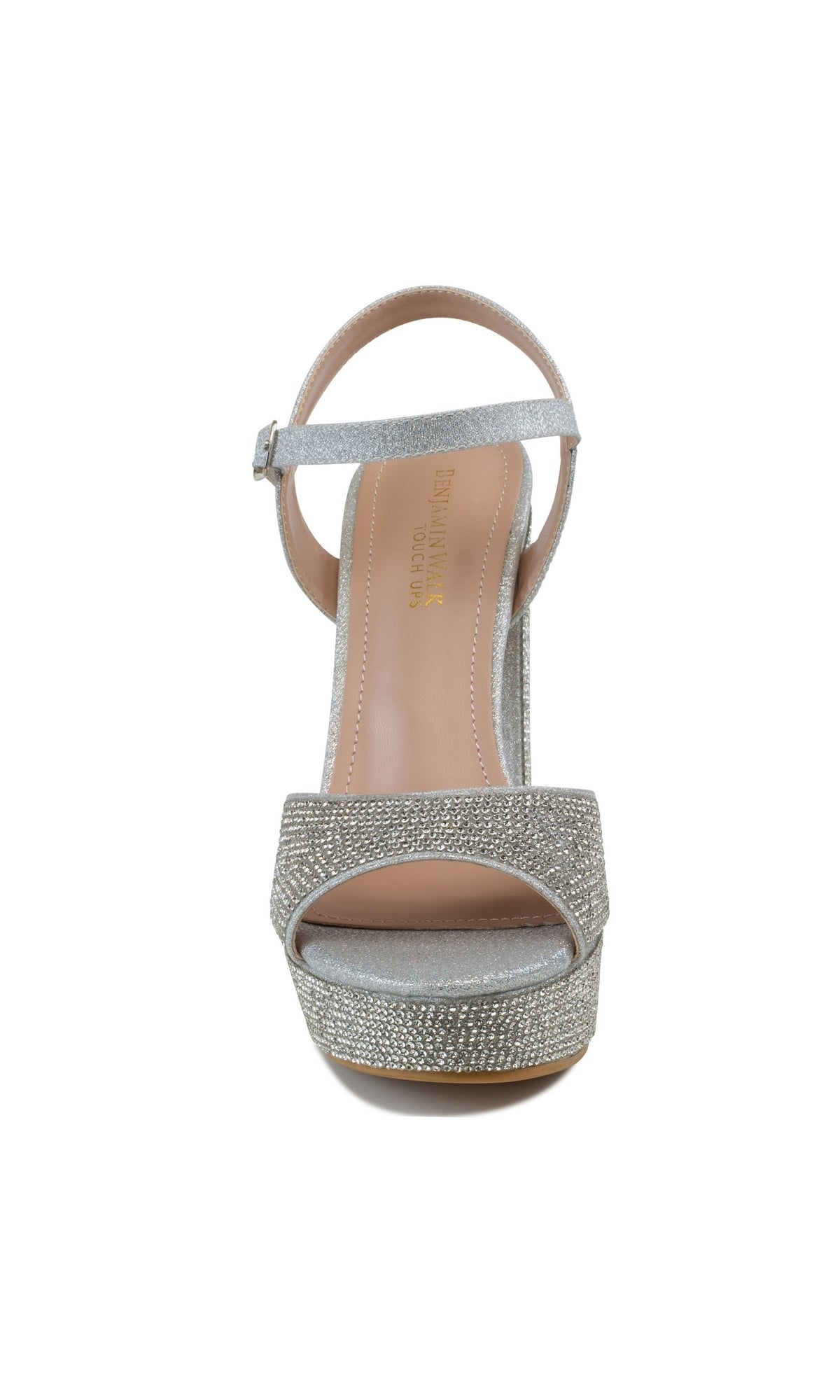Front view of the Lynx 4 inch Silver High Heel Prom Shoes 4605, featuring a glittery open toe, ankle strap, block heel, and platform sole on a white background.