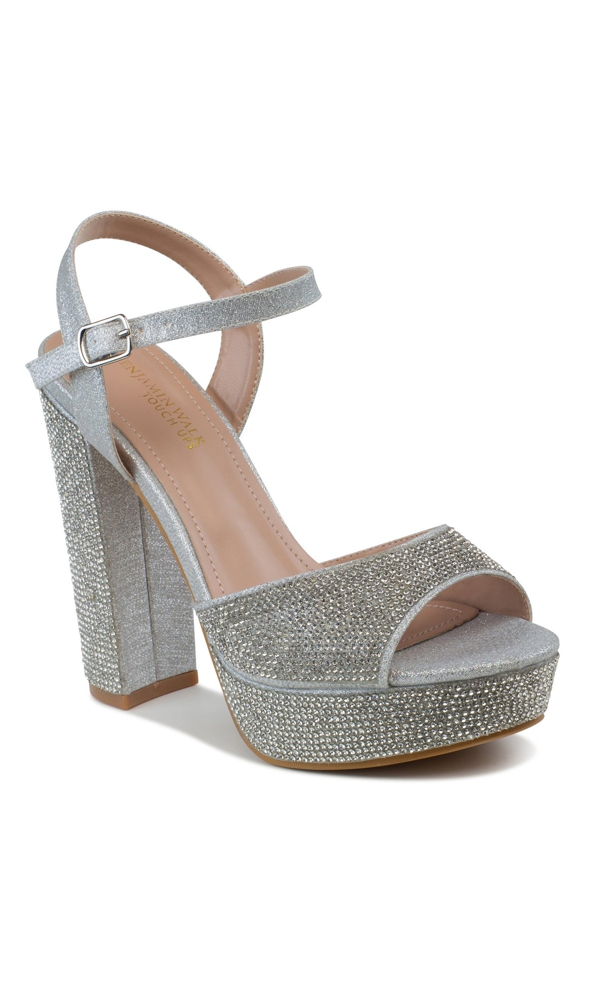 The Lynx 4 inch Silver High Heel Prom Shoes 4605 feature silver glitter, a chunky block heel, platform sole, ankle strap with secure buckle, and open toe—perfect for standout prom elegance.