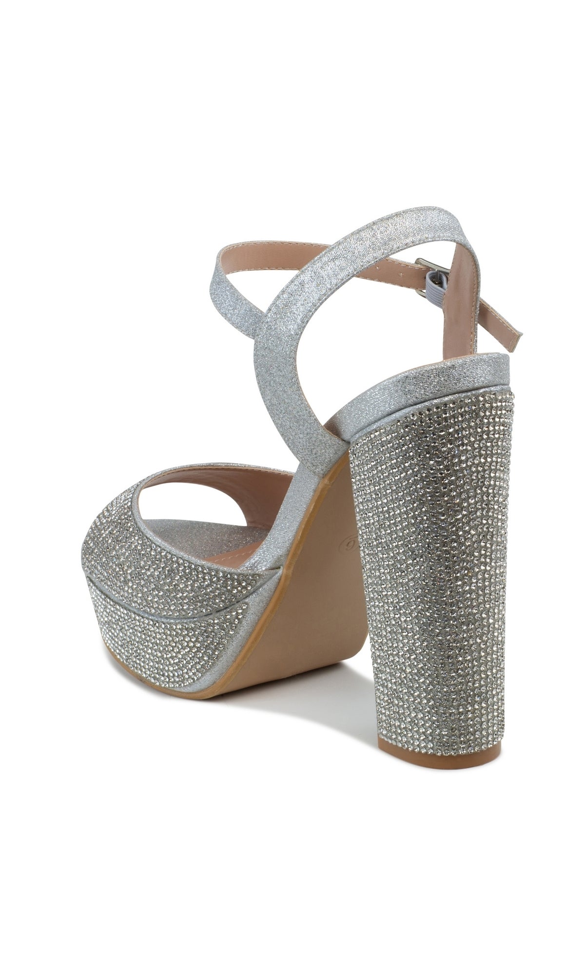The Lynx 4 inch Silver High Heel Prom Shoes 4605 feature a platform, block heel, ankle strap, open toe, and sparkling rhinestones, shown from the back angle.