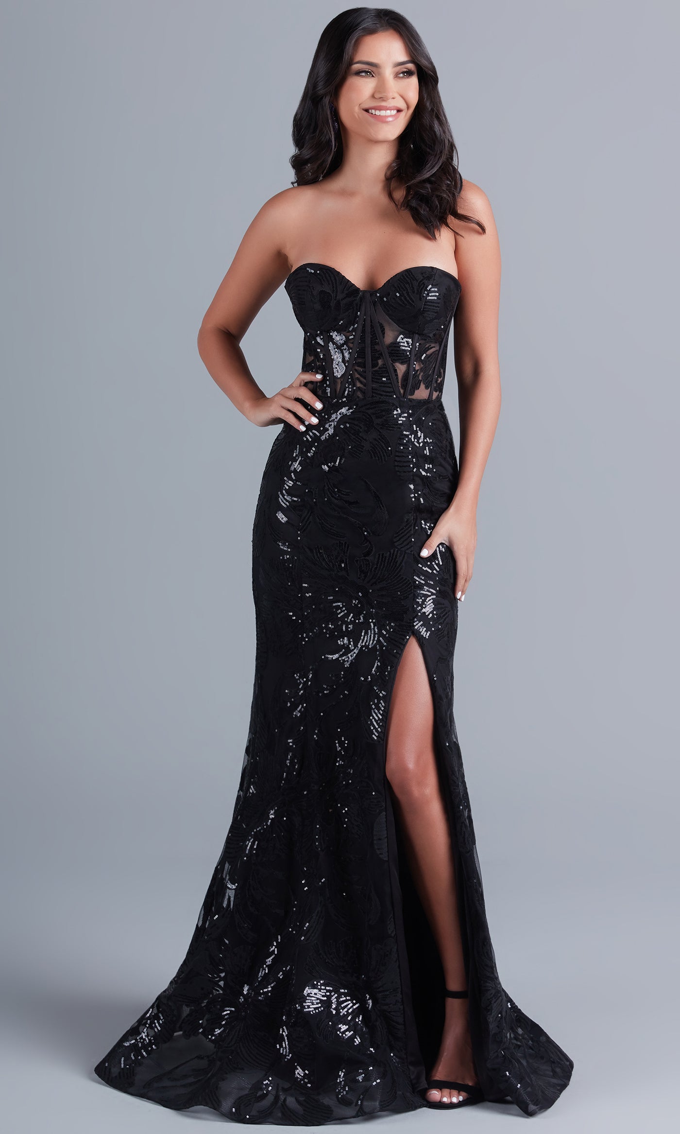 PromGirl Strapless Long Black Sequin Prom Dress