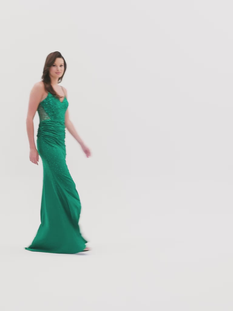 Sheer-Back Faviana Long Beaded Prom Dress