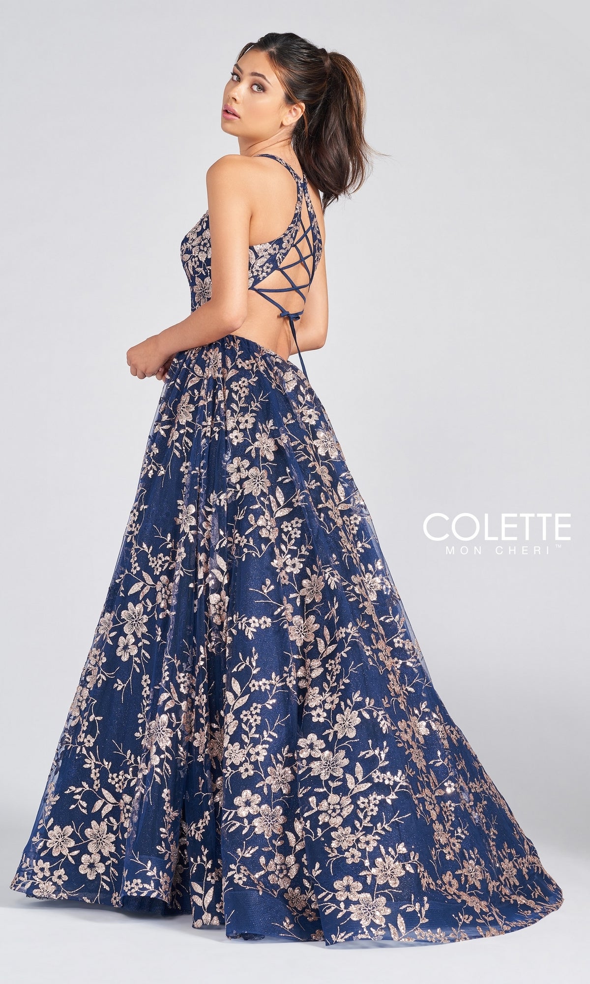 Navy Blue Tulle Prom Dress with Gold Glitter Print