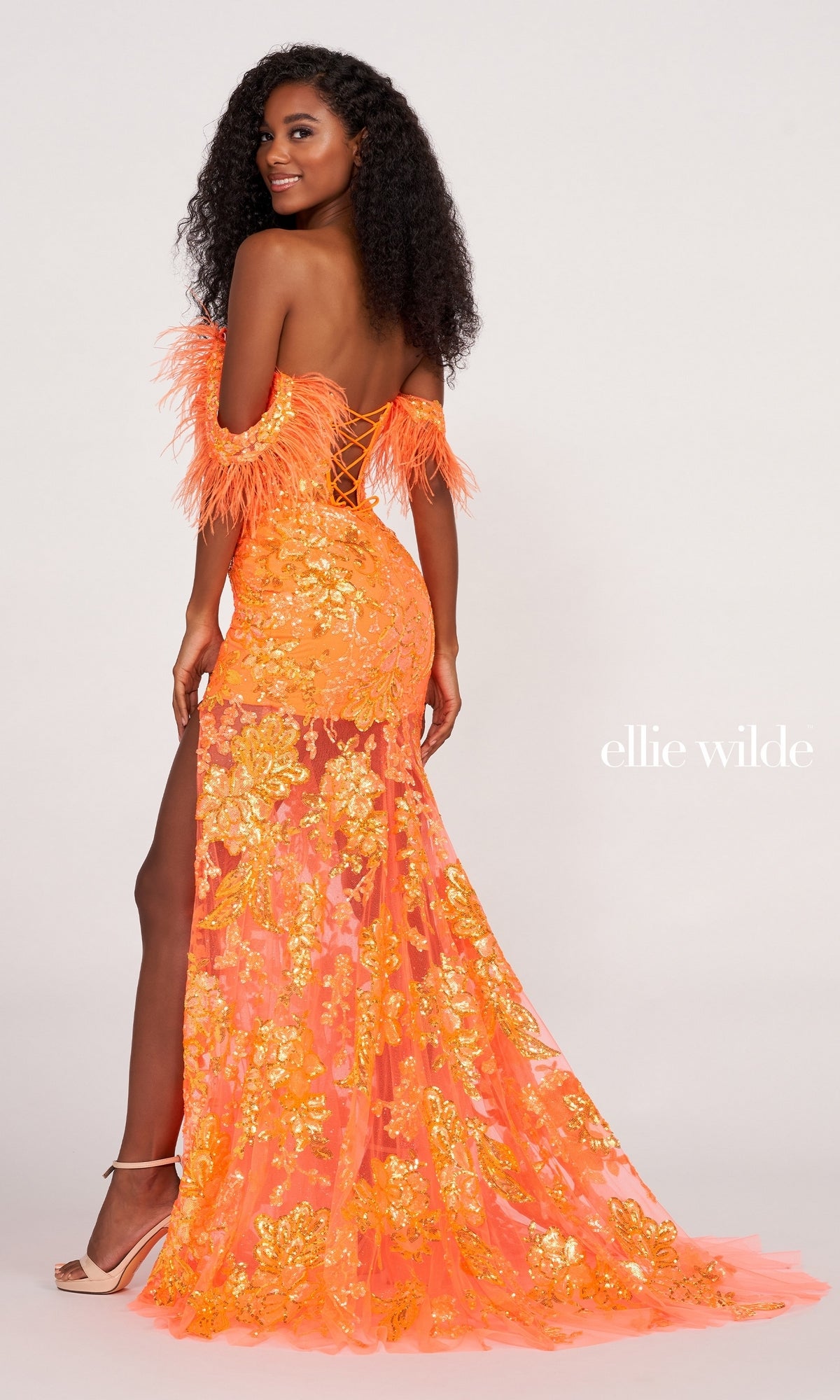 Feather-Trim Off-Shoulder Long Sequin Prom Dress