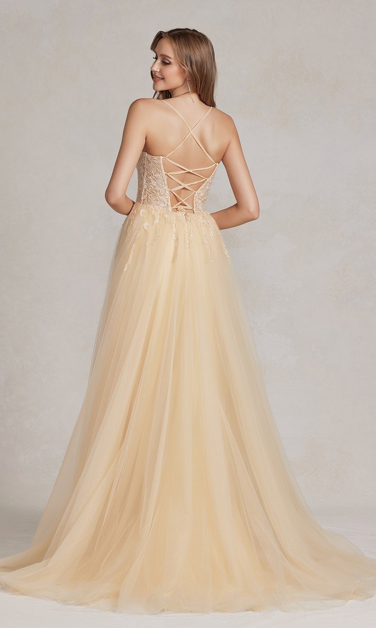 A woman faces away on a neutral background, wearing the Corset-Bodice Long Pastel Prom Dress with an A-line silhouette, lace-up back, and crisscross straps in light beige.
