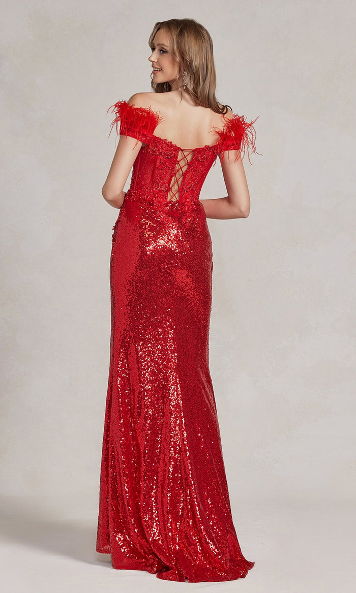 Sequin Prom Dress with Off-Shoulder Feather Straps