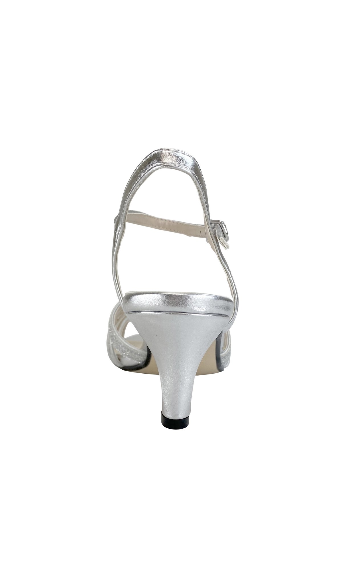 Rear view of the Amara Silver Stiletto Prom Shoes (Touch Ups 4483), featuring a low heel, open toe, and ankle strap, photographed against a white background.