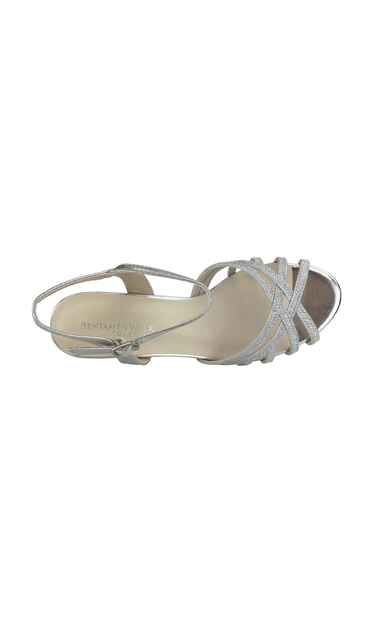 The Amara Silver Stiletto Prom Shoes (Touch Ups 4483) are silver strappy stilettos with a low heel, ankle strap, and open toe. Viewed from above, they feature a beige insole branded