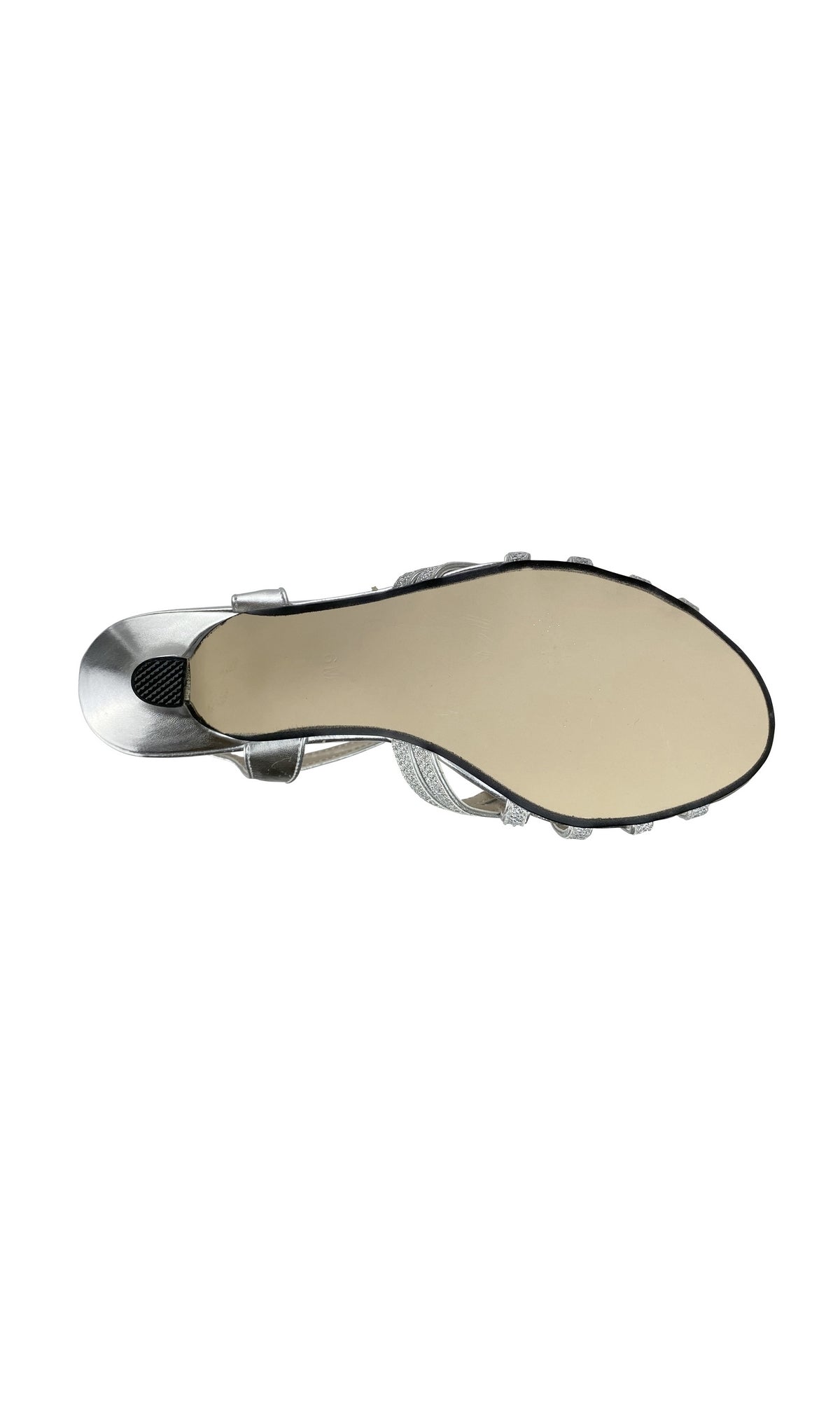 Bottom view of Amara Silver Stiletto Prom Shoes: Touch Ups 4483, a silver open-toe design with a flat beige sole and a textured heel pad.