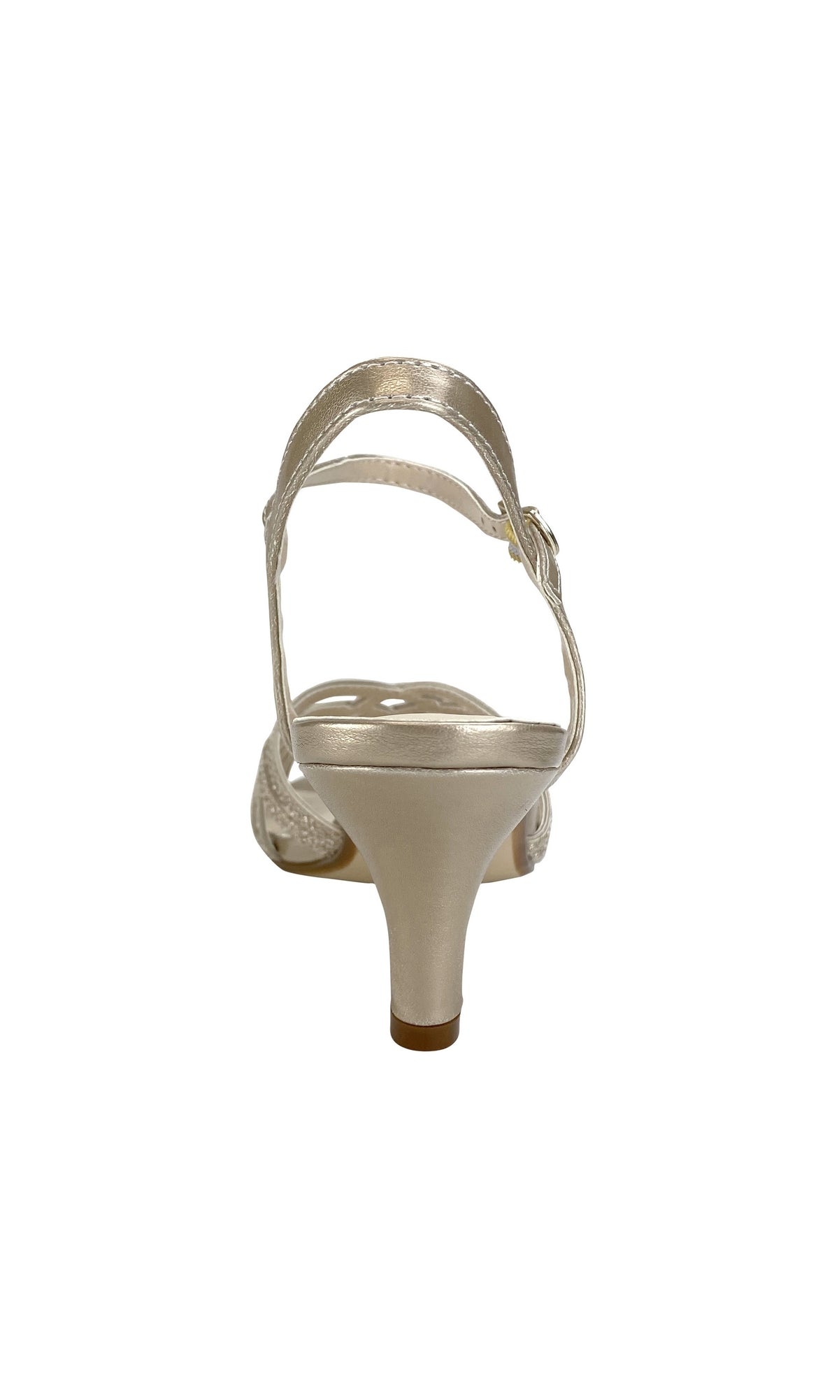 Rear view of the Amara Champagne Low Heel Prom Shoes (Touch Ups 4484) featuring a single gold sandal with ankle strap, open toe, stylish low heel, displayed on a plain white background.