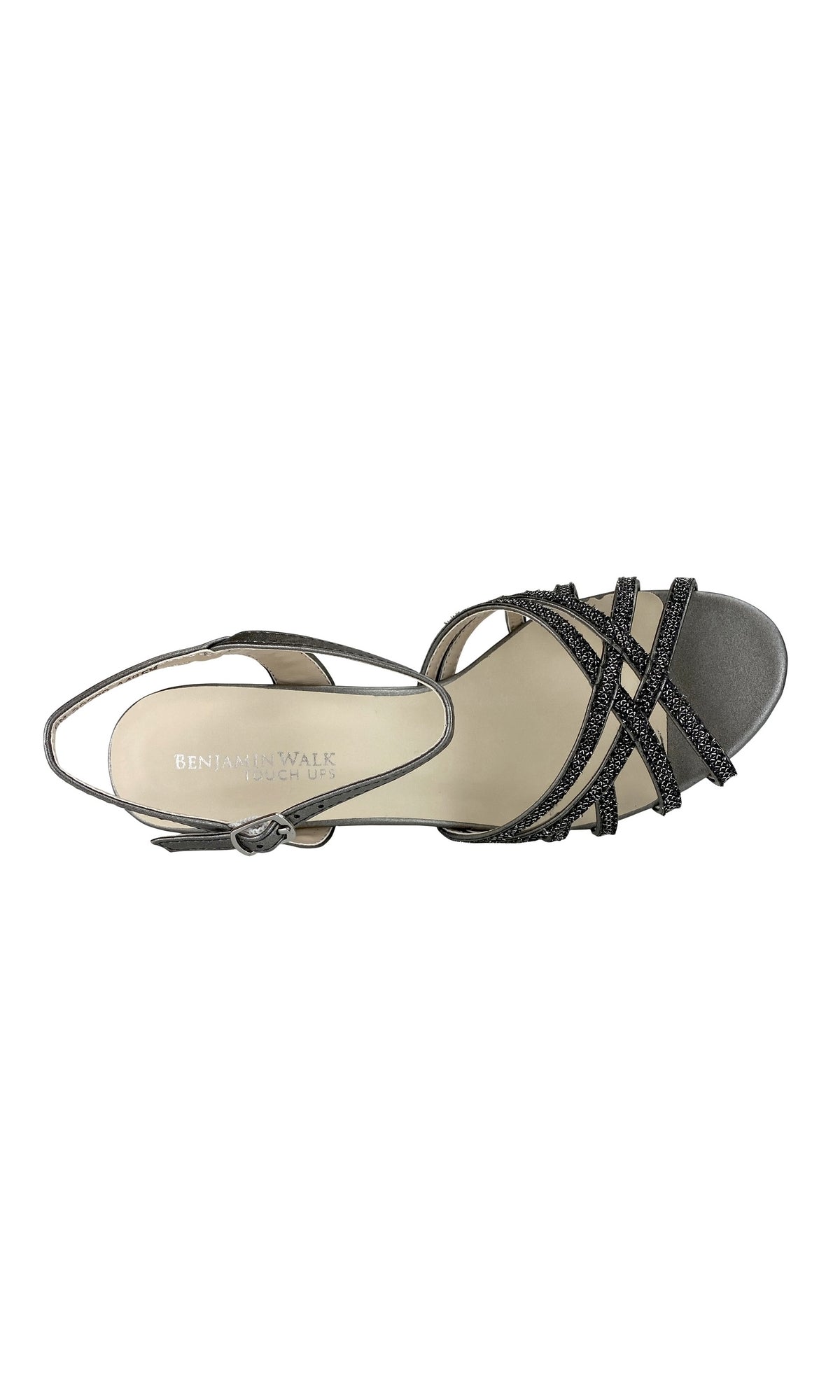 A top view of the Amara Pewter Open Toe Prom Shoes 4485, featuring glittery pewter crisscross straps, an ankle strap, and a stylish low heel for women.