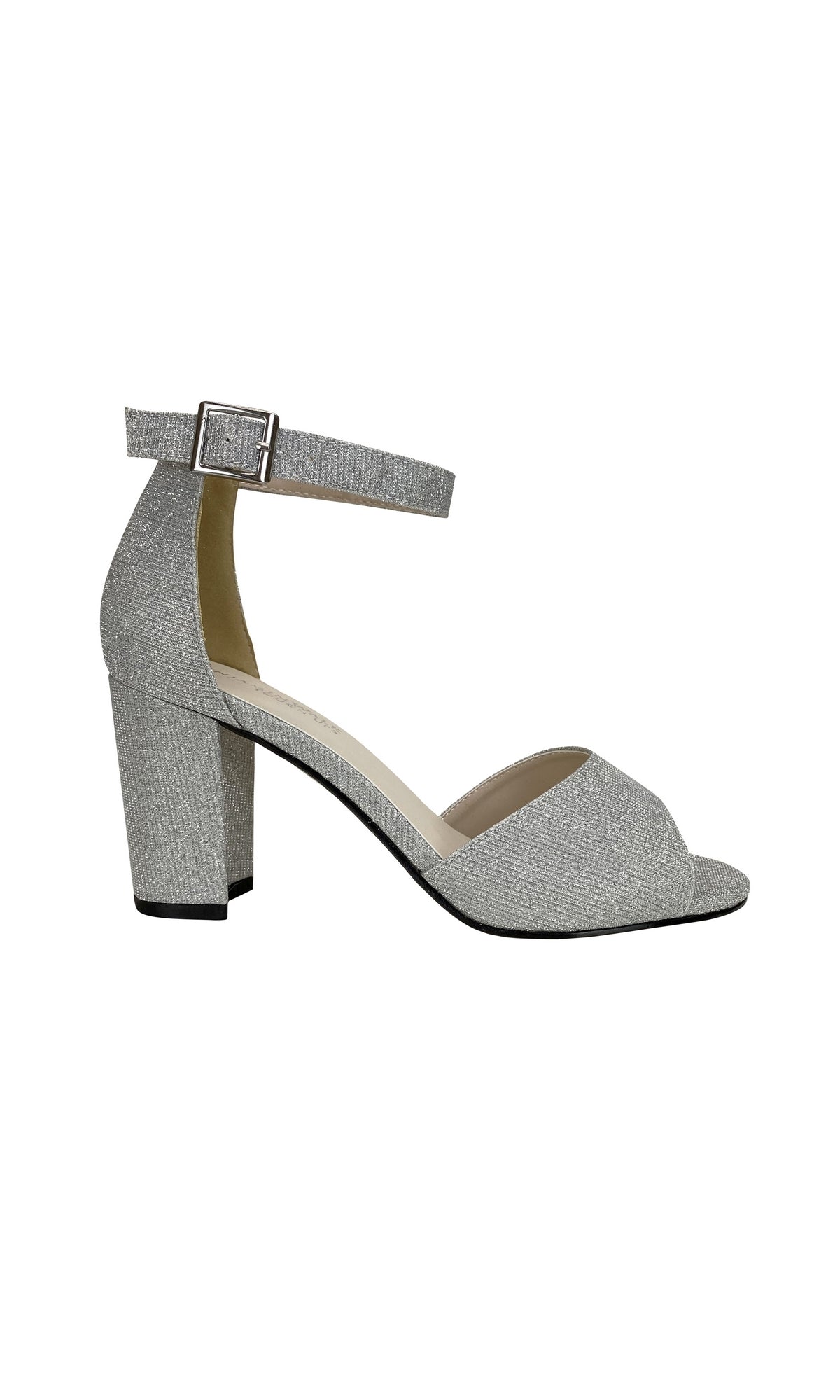 The Amaya Open-Toe Silver Prom Shoes (Touch Ups 4493) feature a silver block heel, ankle strap with buckle, and open toe—ideal for prom or formal events. Displayed on a white background.