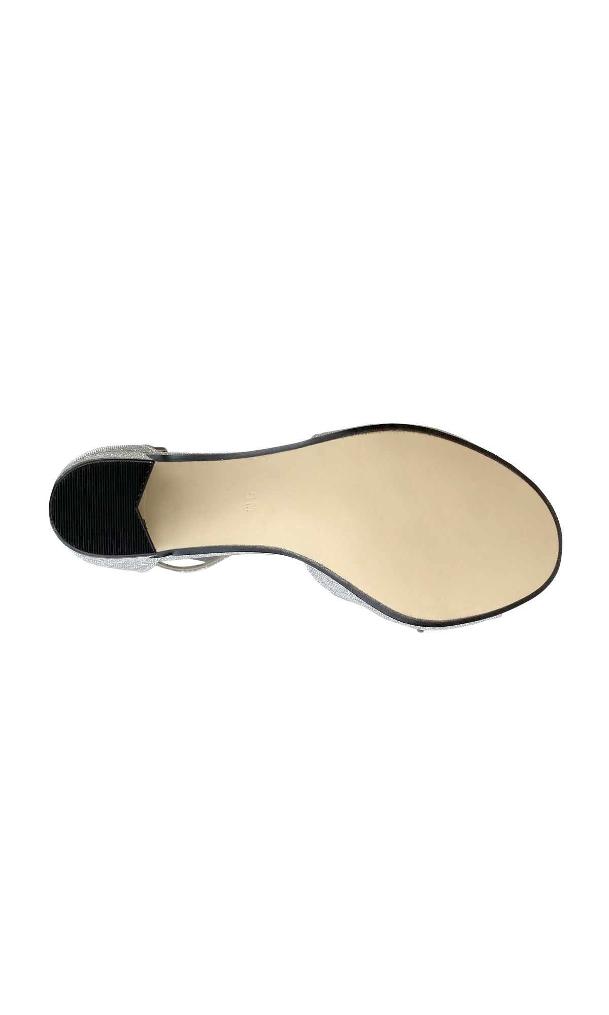 The image shows the bottom view of the Amaya Open-Toe Silver Prom Shoe (Touch Ups 4493) with a beige sole and a low black block heel.