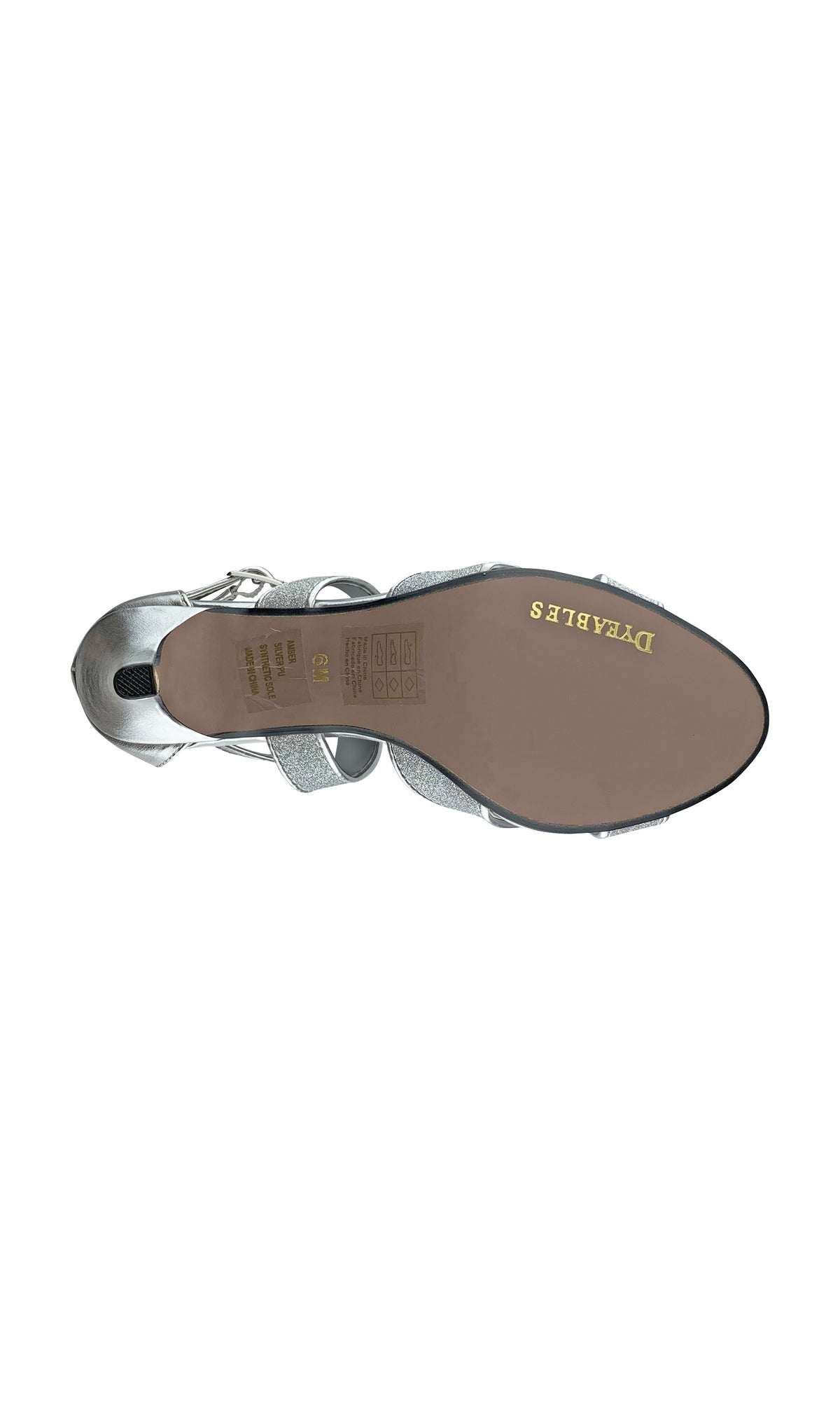 Top-down view of Amber Silver Prom Shoes by Touch Ups 54716 in silver with a 2.75-inch heel, featuring the brand name on the sole—stylish women's sandals ideal for proms and special occasions.