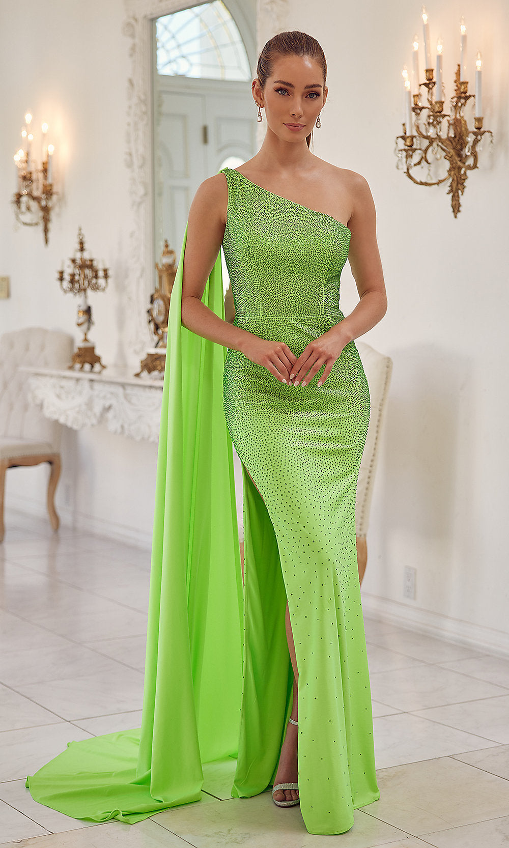 Narianna-Beaded Long One-Shoulder Cape Formal Dress