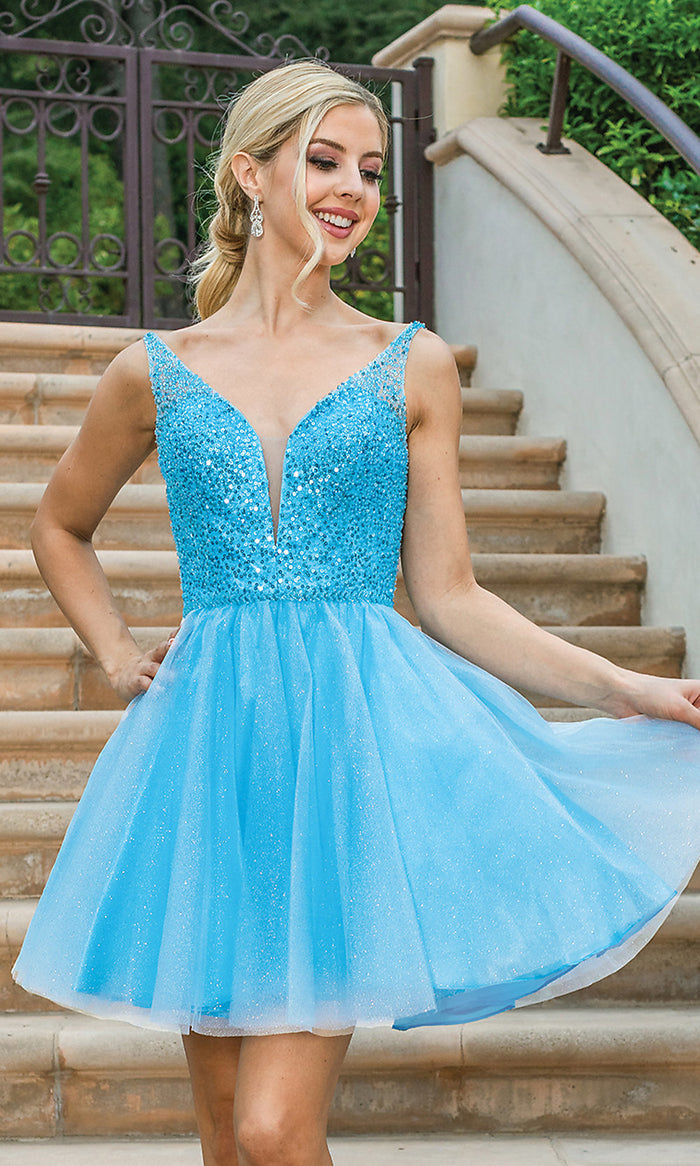 Sleeveless Sequin-Bodice Short Glitter Prom Dress