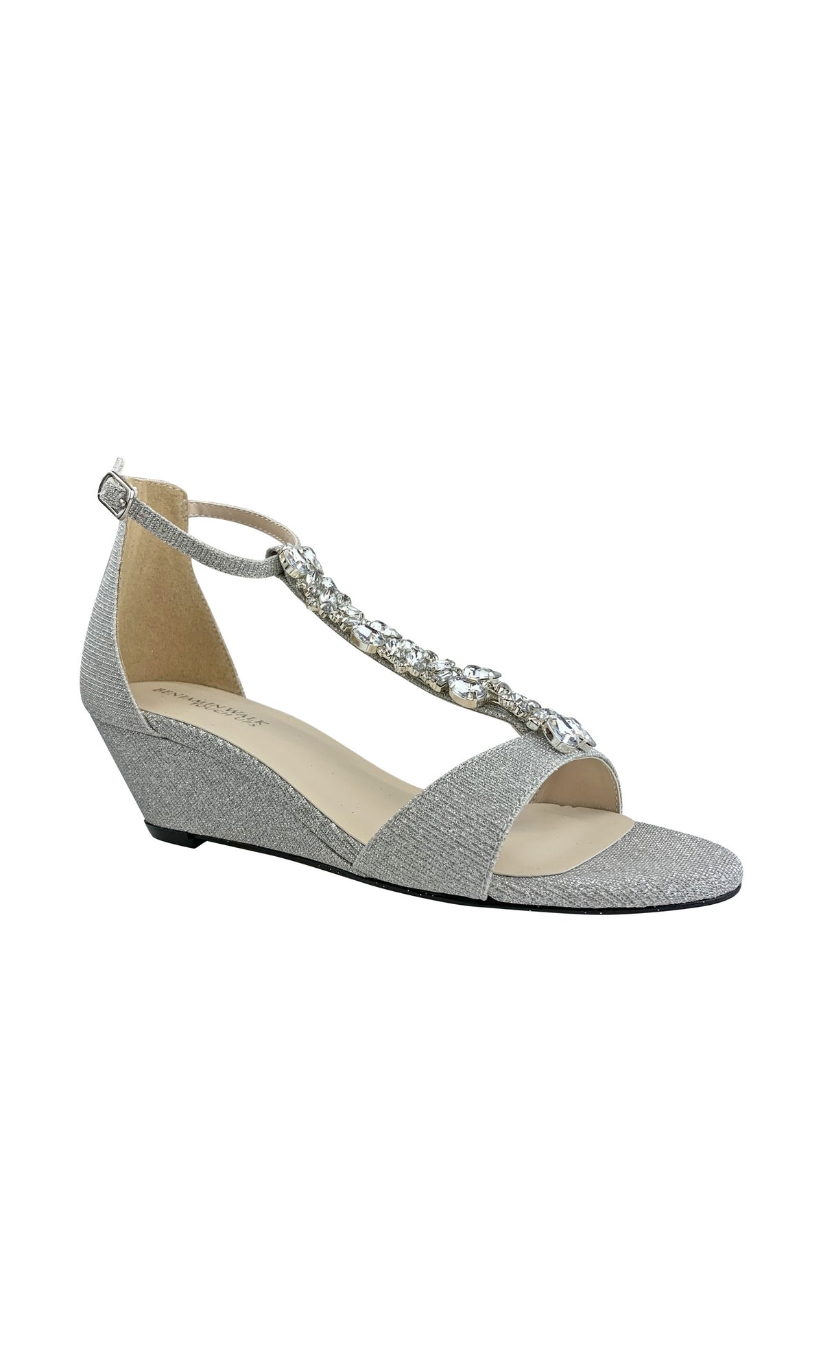 The Beatrix Silver Short Wedge Rhinestone Prom Shoes 4537 are glittery open-toe wedges with a rhinestone T-strap and ankle buckle, perfect as silver prom shoes or chic wedged prom footwear for your special night.