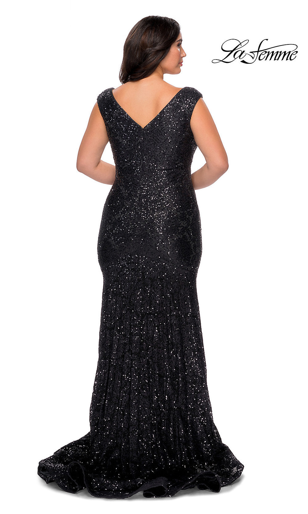 A woman is seen from the back in a black, floor-length Empire-Waist Long Plus-Size Prom Dress by La Femme with a V-back. The La Femme logo is displayed in the top right corner.