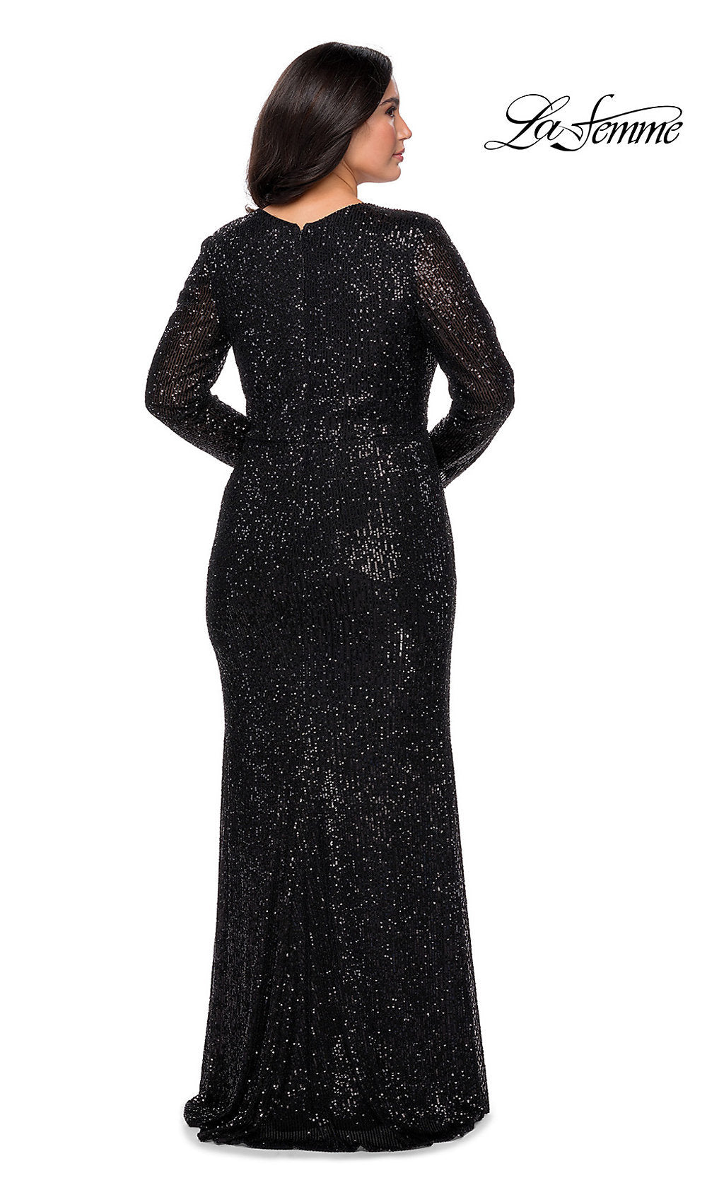 A woman faces away in a Sequin Plus-Size Long Sleeve La Femme Prom Dress, floor-length and black, on a white background with the