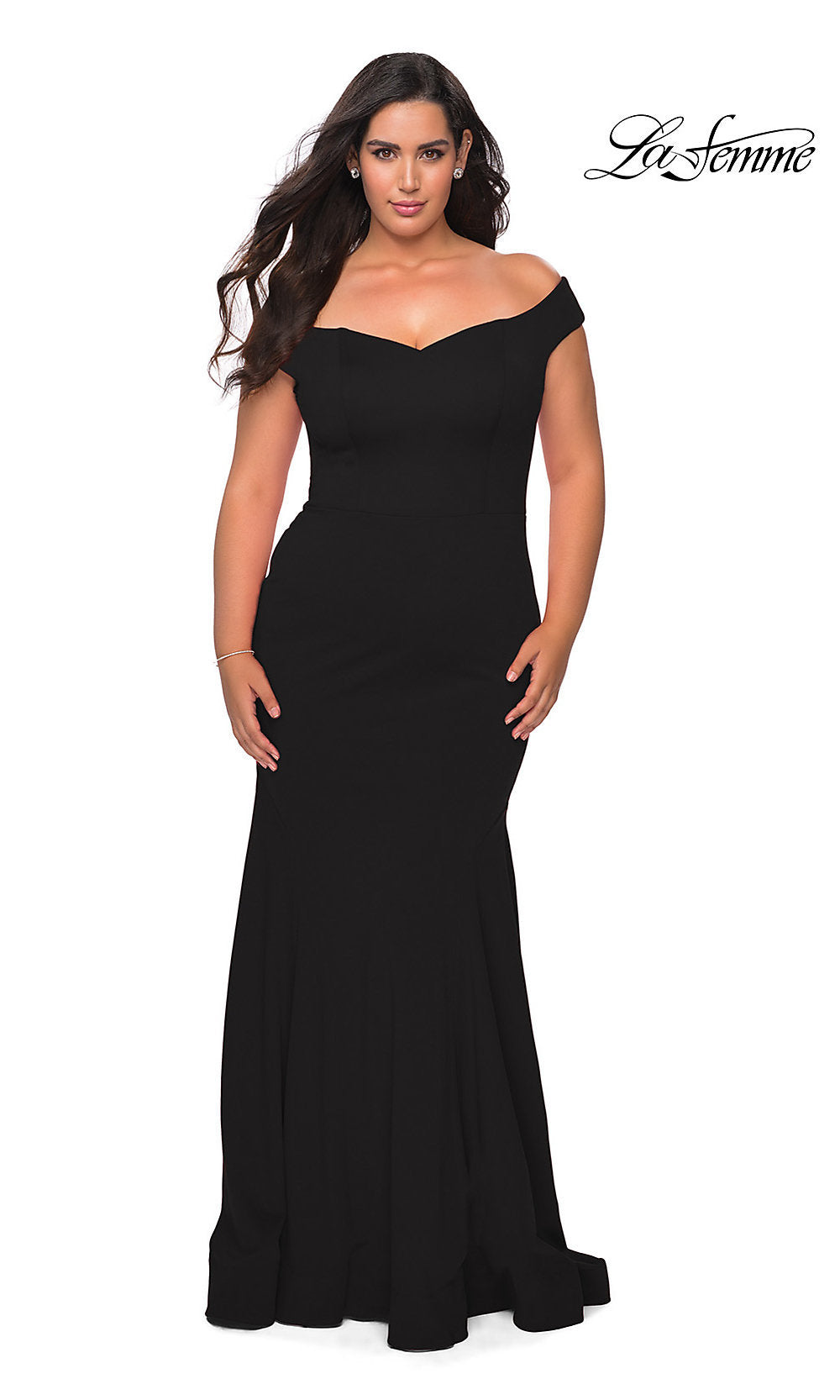 A woman in the La Femme Off-Shoulder Long Plus-Size Formal Dress with a mermaid silhouette stands against a white background. The La Femme logo appears in the top right corner.