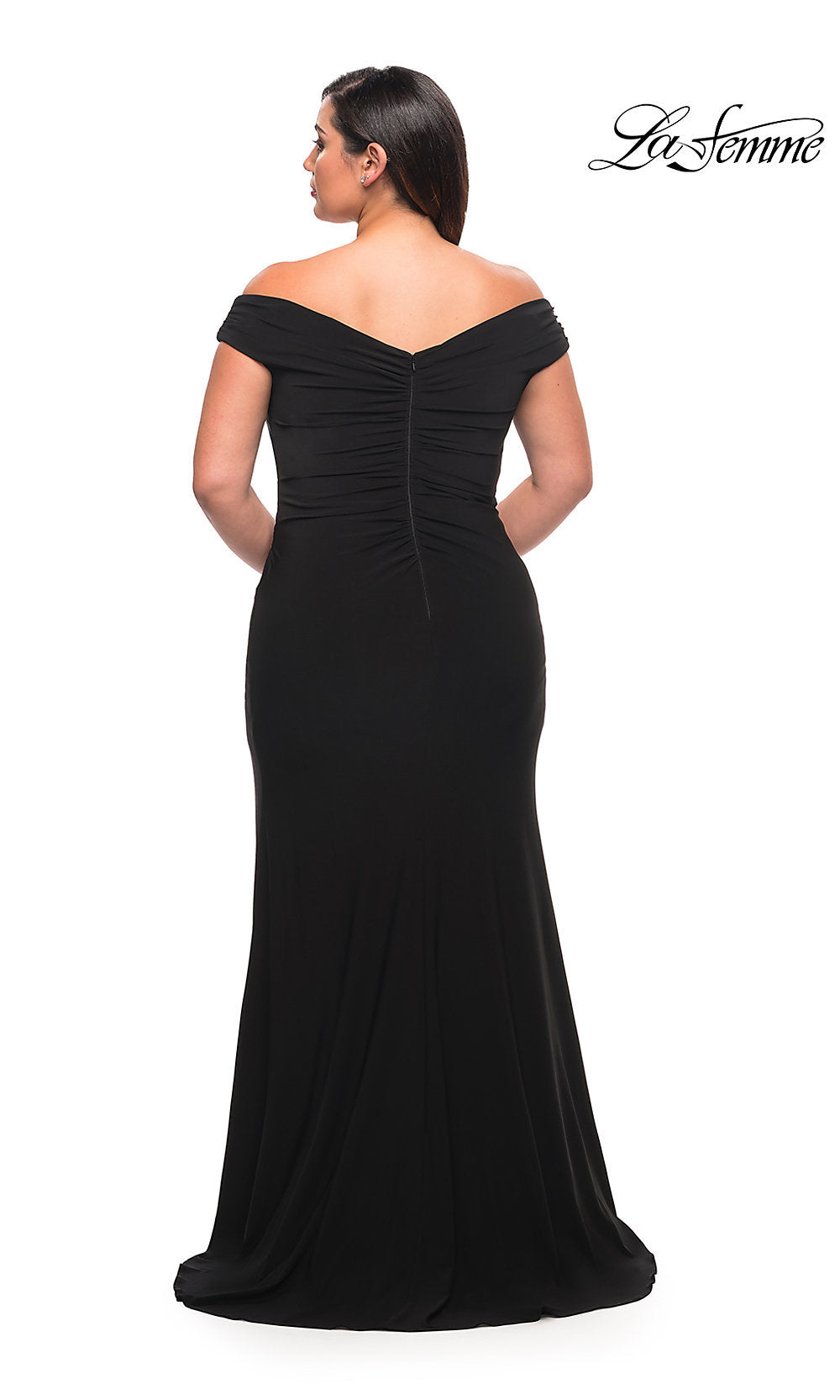 La Femme-Off-the-Shoulder Long Plus-Size V-Neck Prom Dress