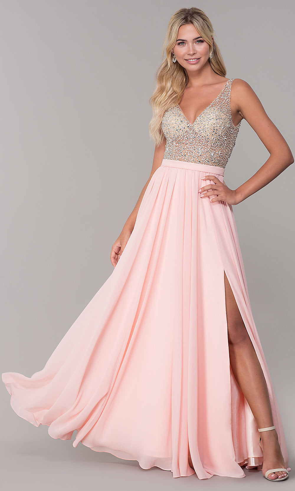 Dancing Queen-Long Illusion-Beaded-Bodice V-Neck Prom Dress