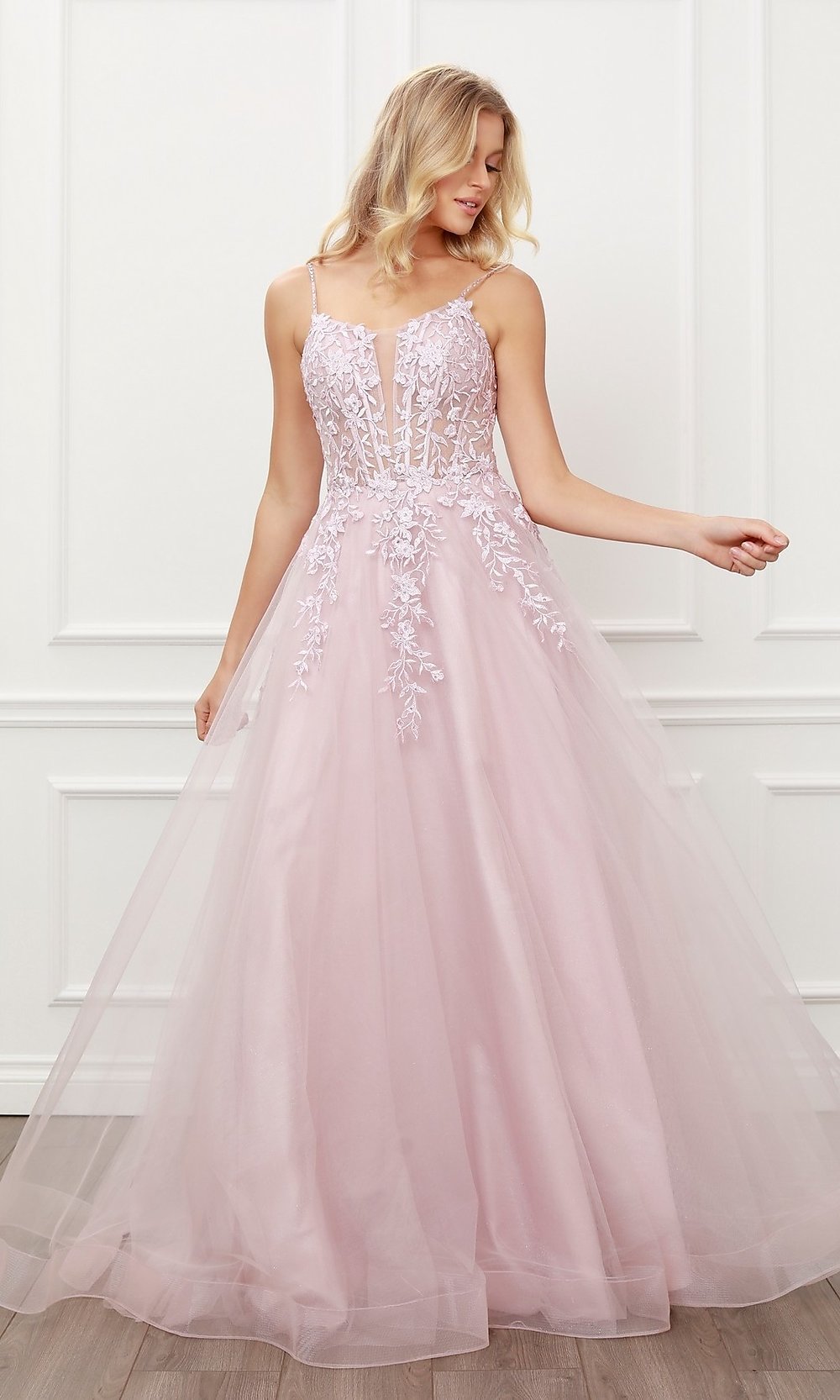 Narianna-Blush Pink Embroidered Sheer-Corset Prom Ball Gown