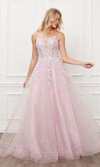 Narianna-Blush Pink Embroidered Sheer-Corset Prom Ball Gown