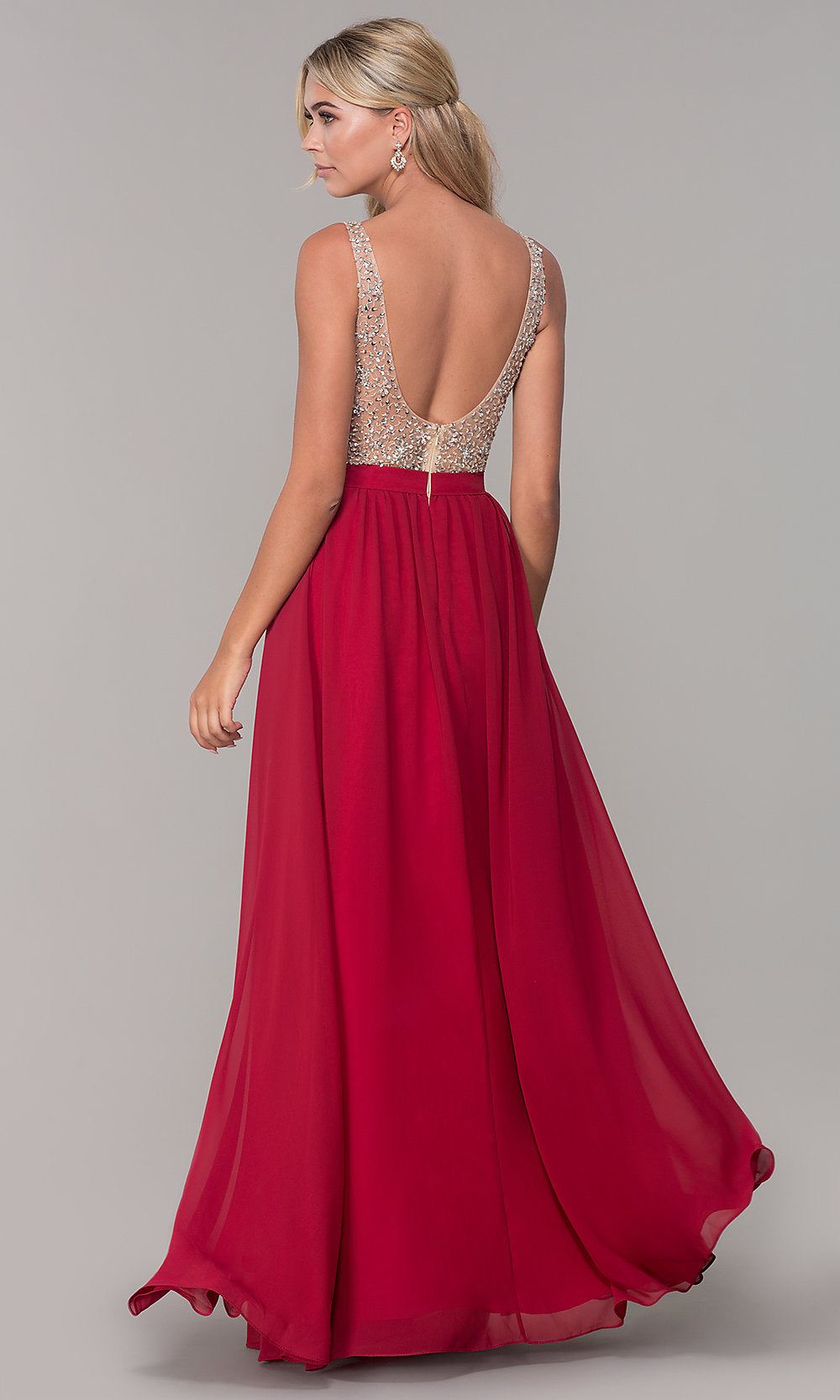 Dancing Queen-Long Illusion-Beaded-Bodice V-Neck Prom Dress