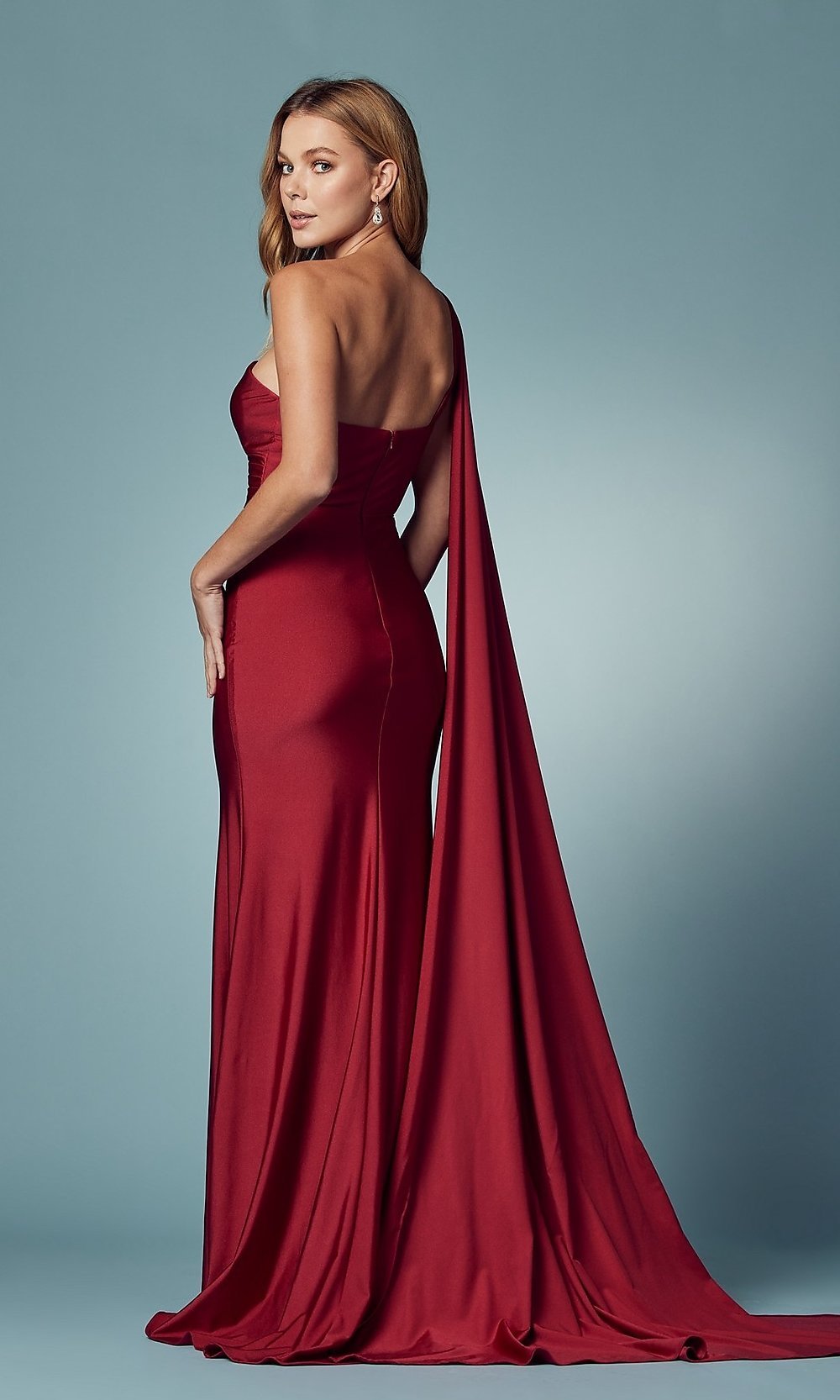 Narianna-Burgundy Red One Shoulder Long Formal Prom Dress