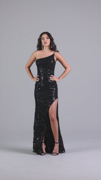 PromGirl One-Shoulder Long Black Prom Dress with Sequins