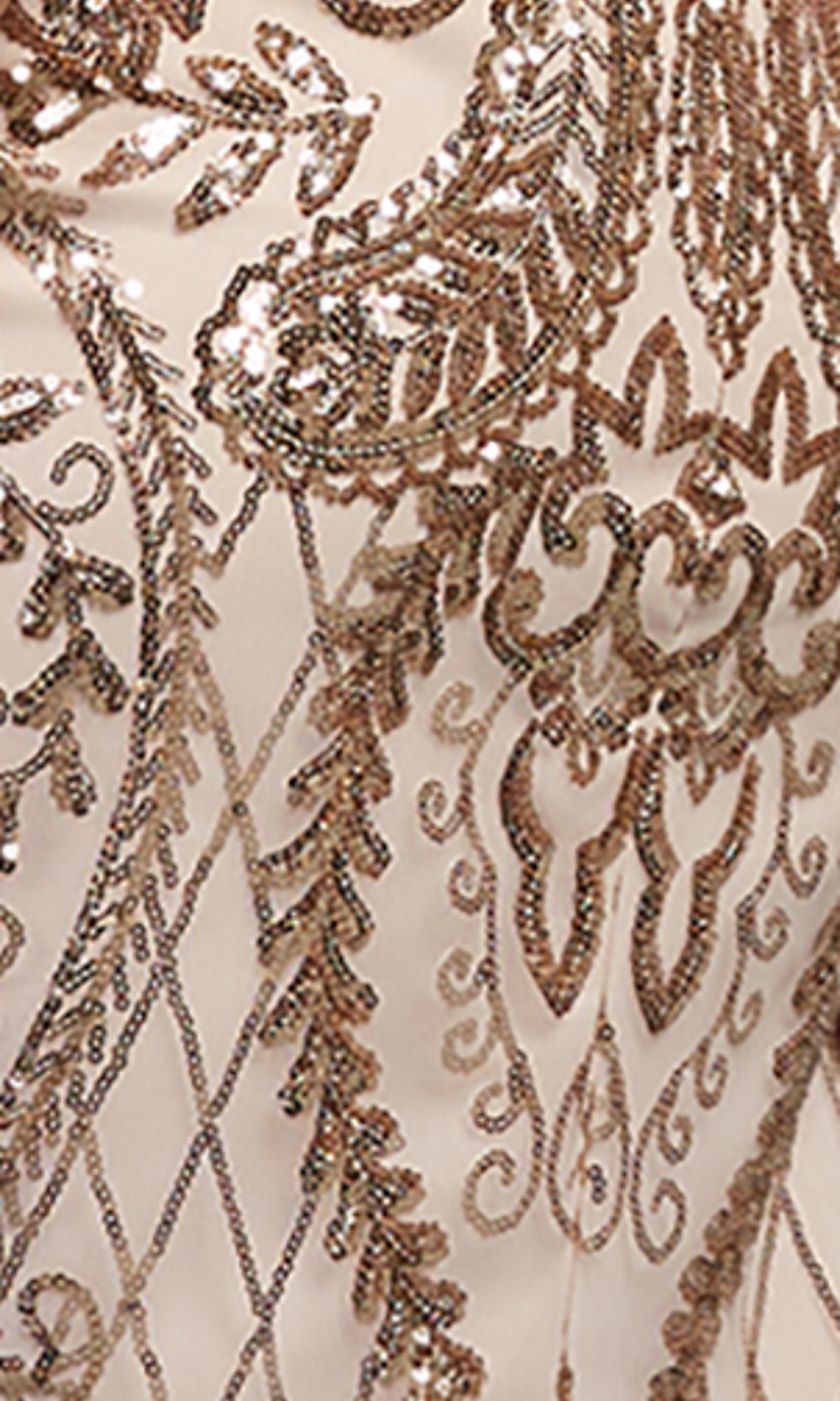 Close-up of intricate gold and bronze sequin embroidery in floral and geometric patterns on light beige fabric, perfect for the PromGirl Backless Sequin Short Prom Dress. Ideal for prom or a glamorous cocktail event.