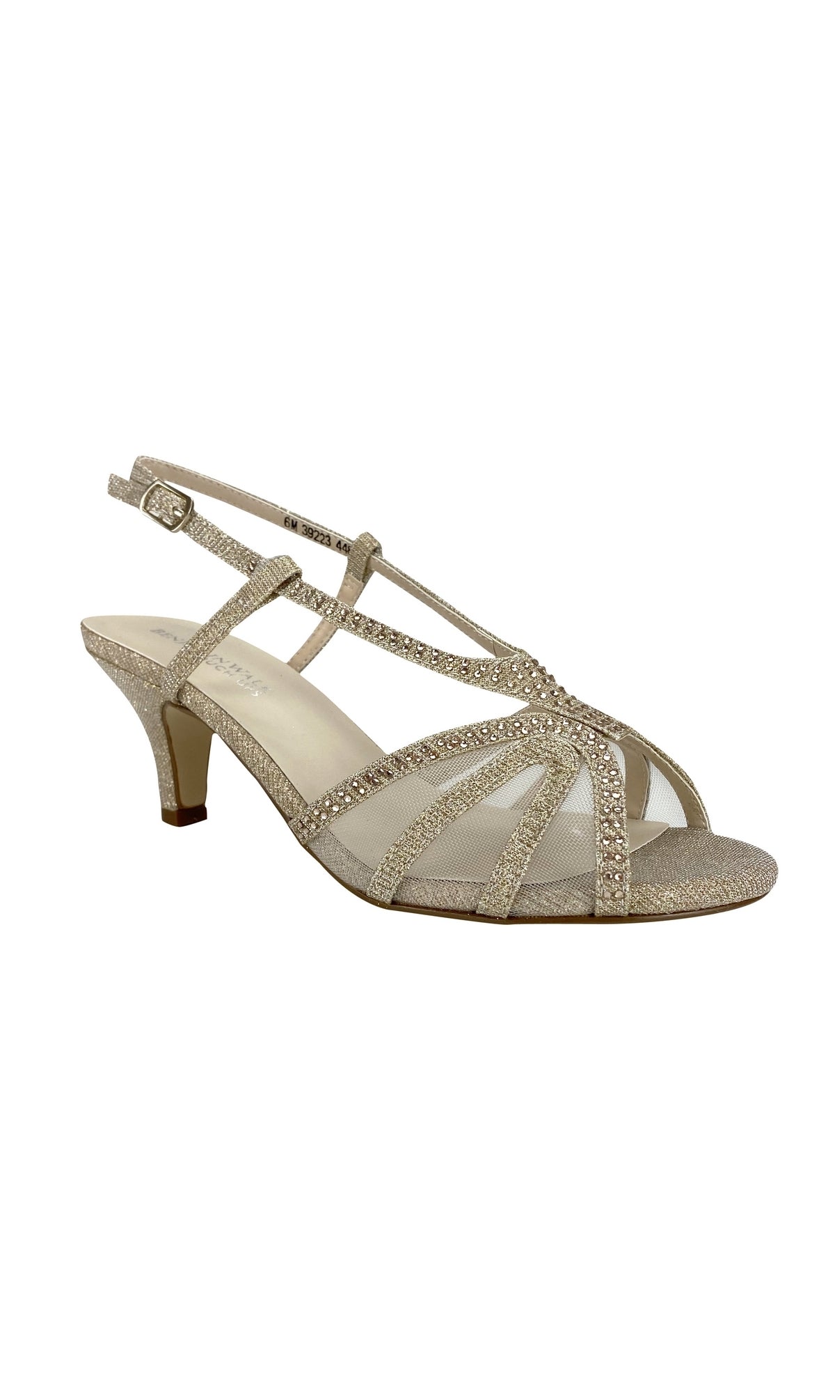 The Clara Champagne 1.75in Heel Prom Shoes 4487 feature a gold strappy design with glitter, an open toe, ankle strap with buckle, and a 1.75-inch heel—ideal for prom or special occasions.