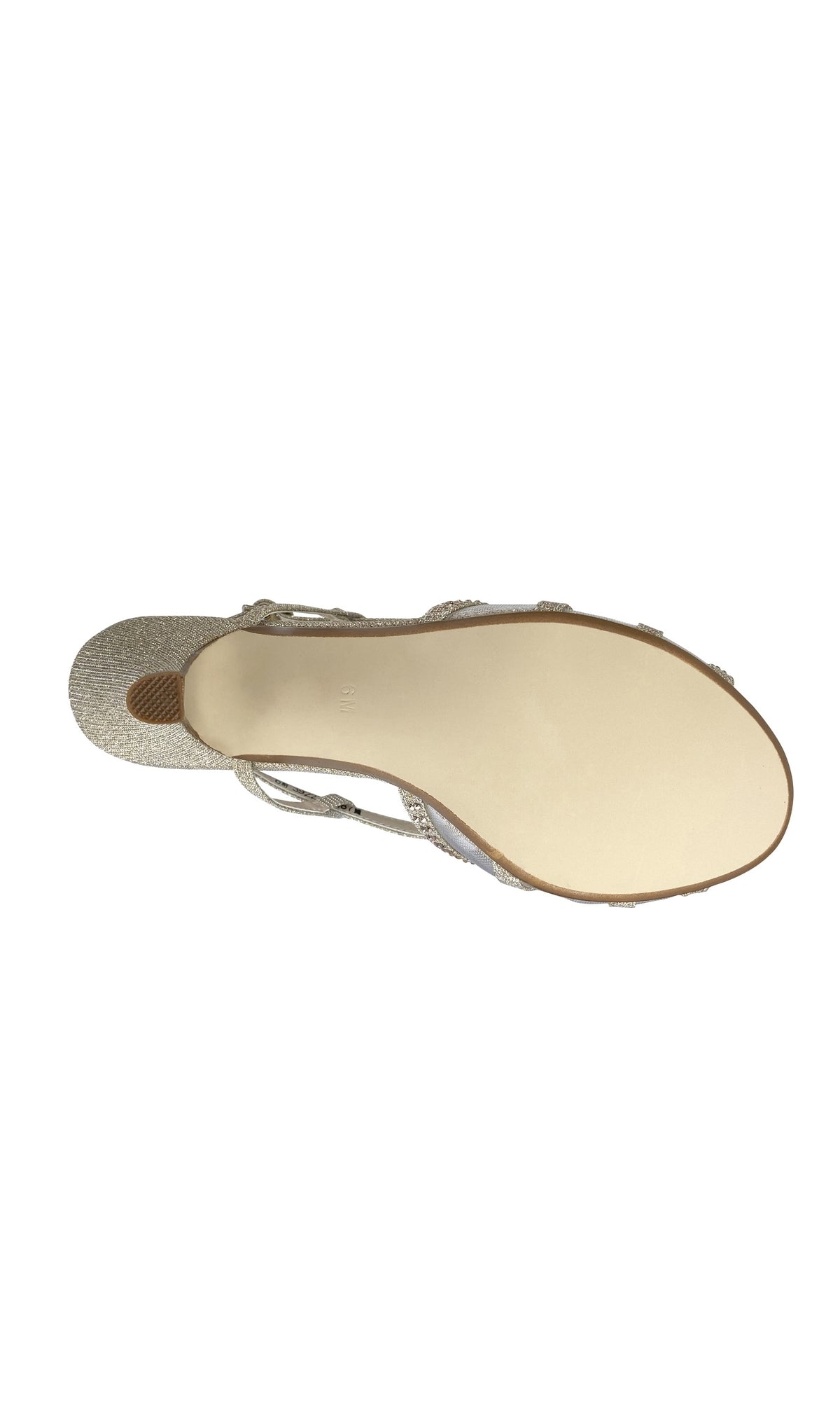 Bottom view of the Clara Champagne 1.75in Heel Prom Shoes 4487 by Touch Ups showing a smooth, light-colored sole with a small textured area near the heel—ideal for prom and elegant occasions.