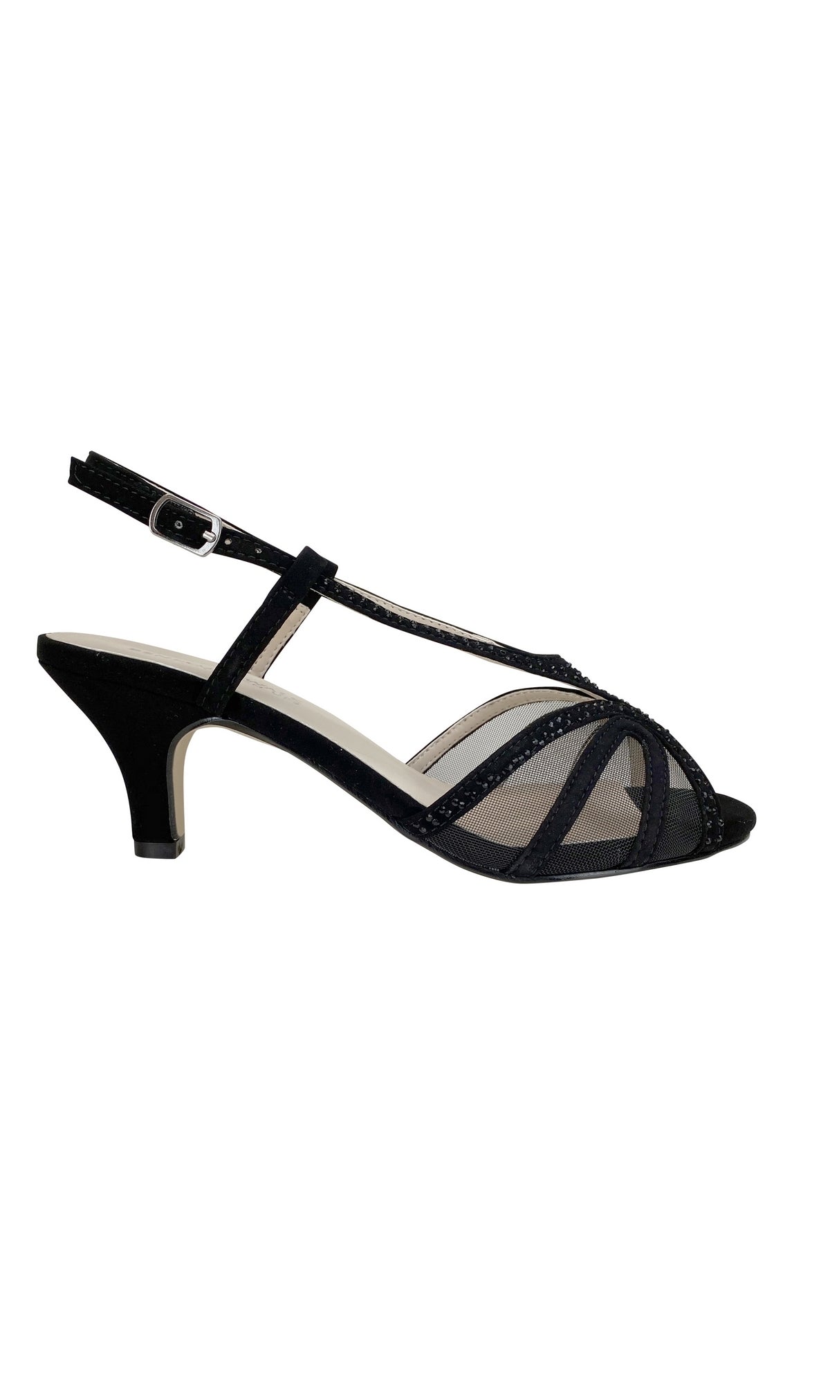 The Black Strappy Short Heel Formal Shoe 4490 features an open toe, ankle strap, mesh accents, and subtle stone details. Displayed in side profile on a white background.