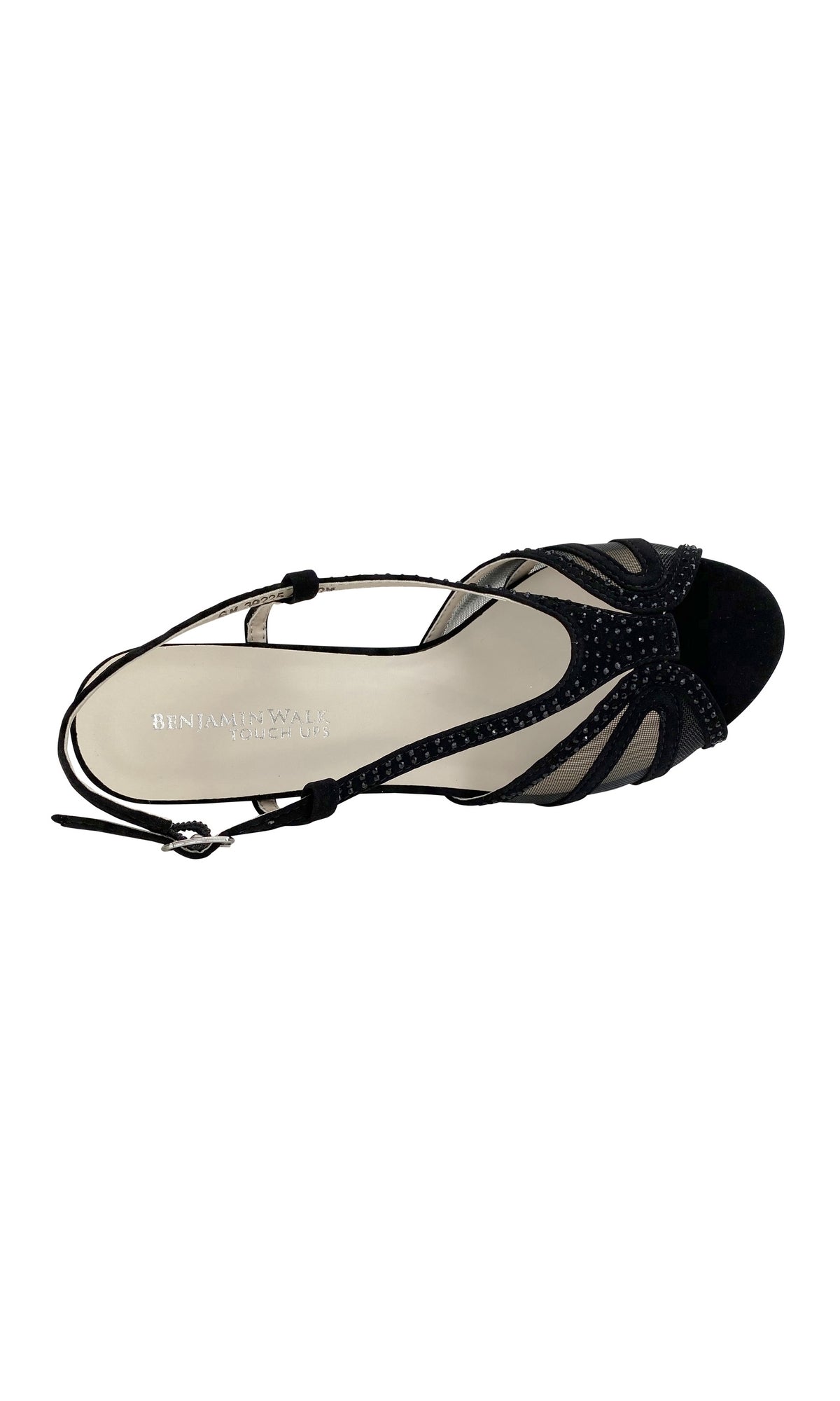 The Black Strappy Short Heel Formal Shoe 4490 features open toes, mesh panels, an ankle strap, and small stone details, viewed from above.