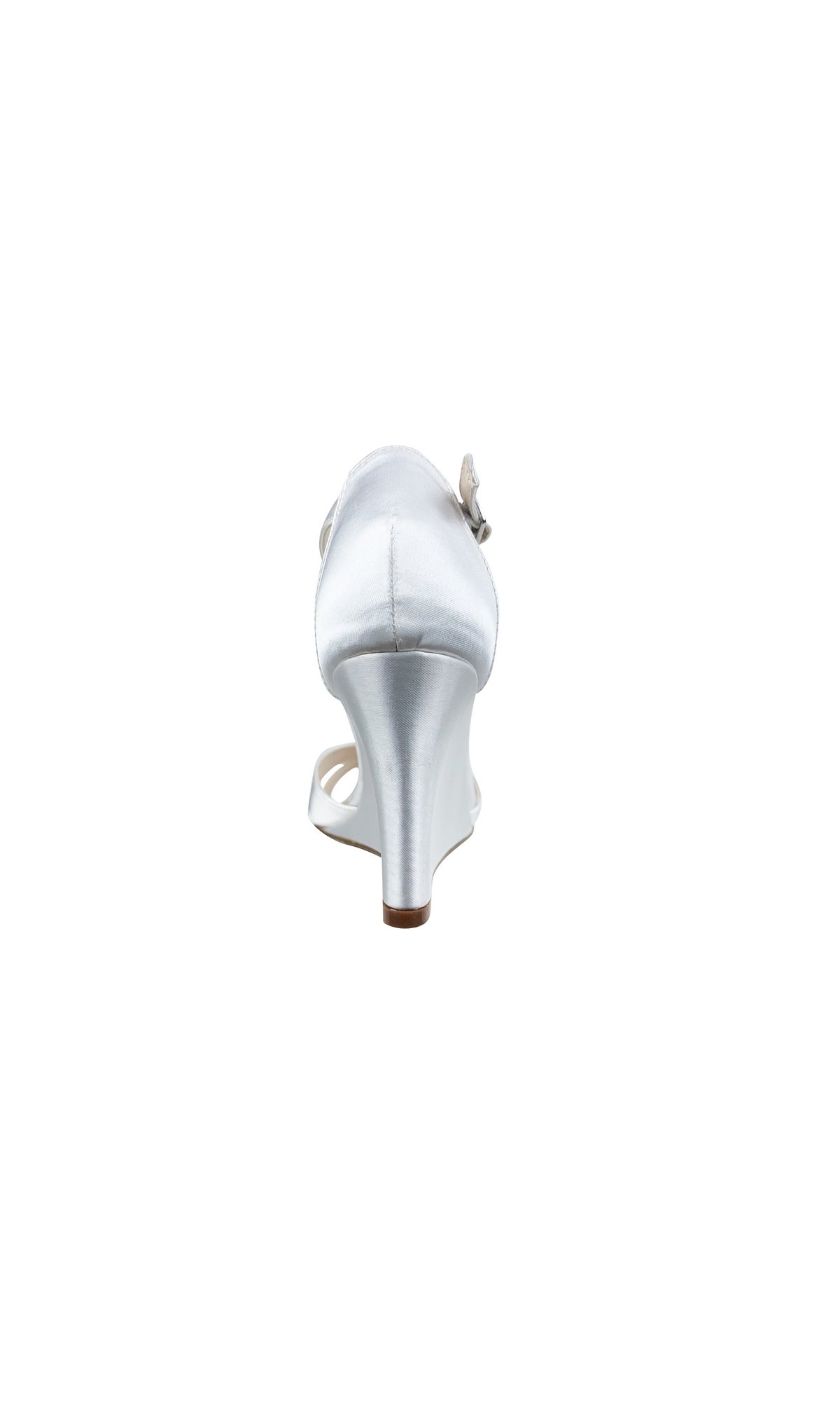 Rear view of the White Wedge Prom Shoes 56717, featuring a satin finish and rhinestone ankle strap, photographed on a plain white background.