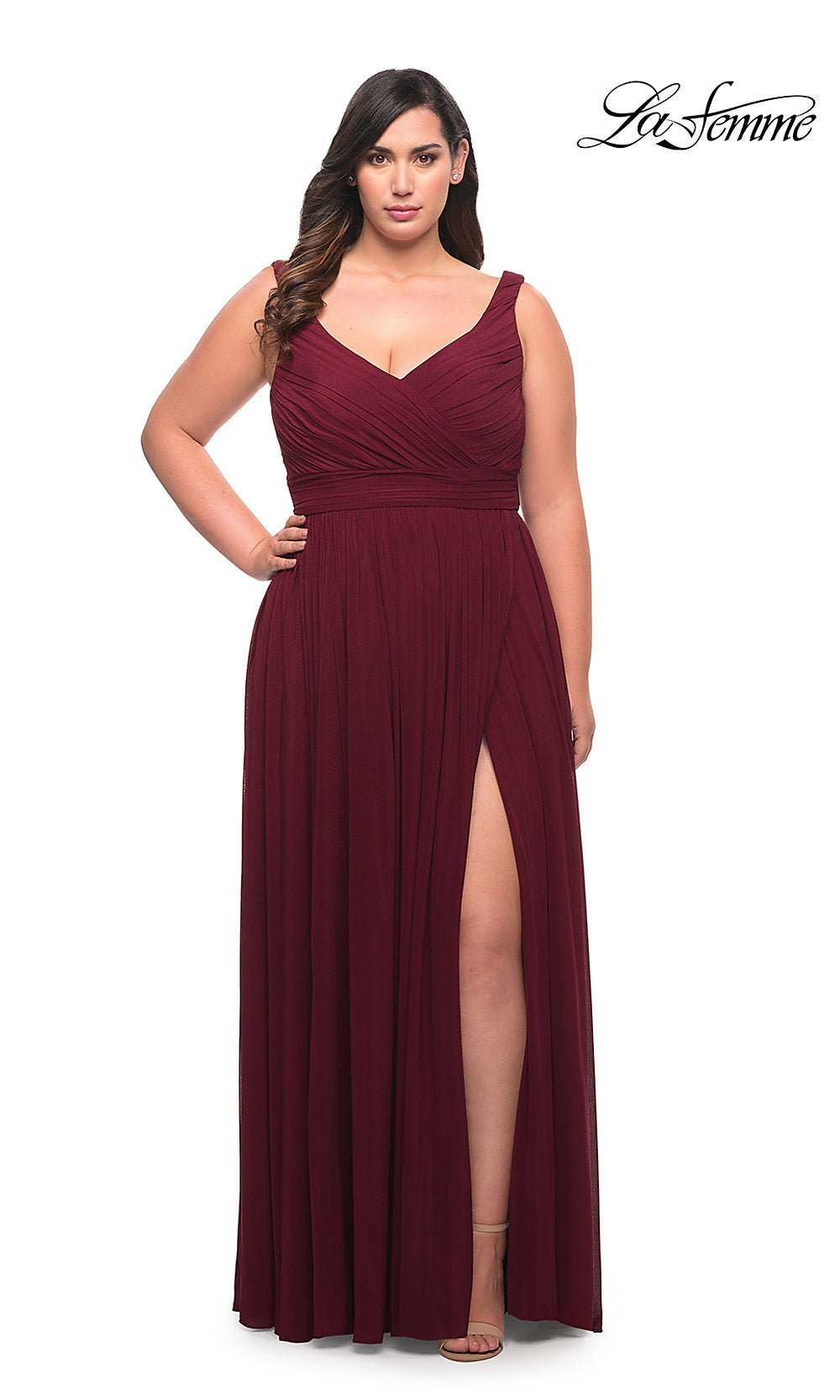 La Femme-Ruched Empire-Waist Long La Femme Plus Prom Dress