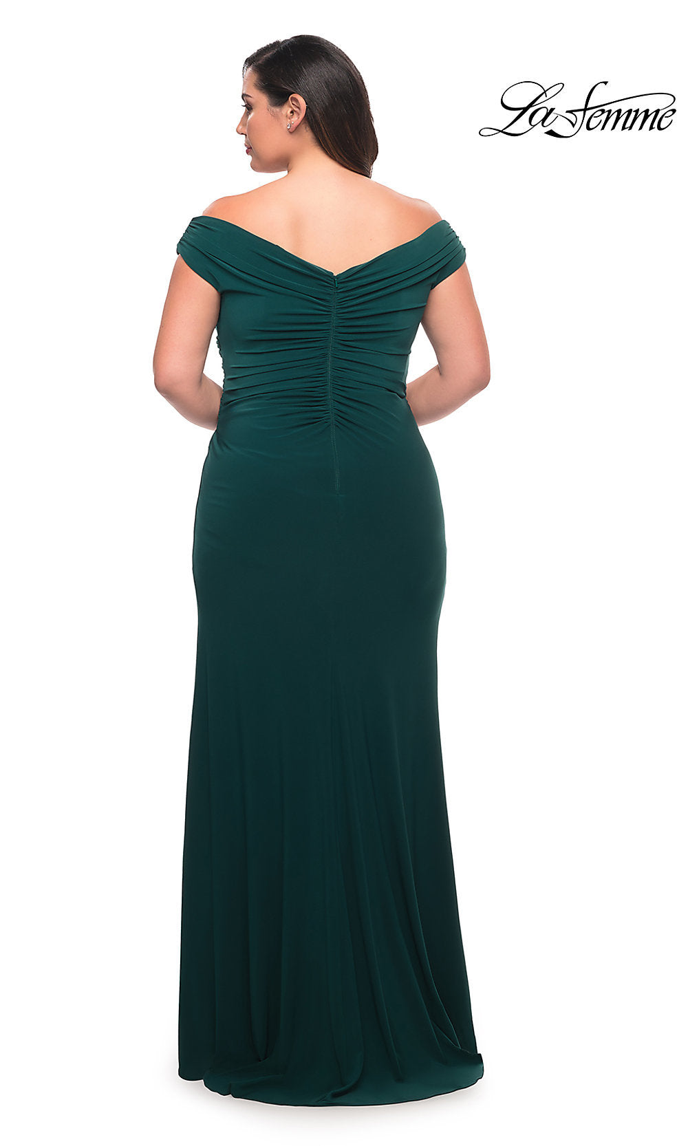 La Femme-Off-the-Shoulder Long Plus-Size V-Neck Prom Dress